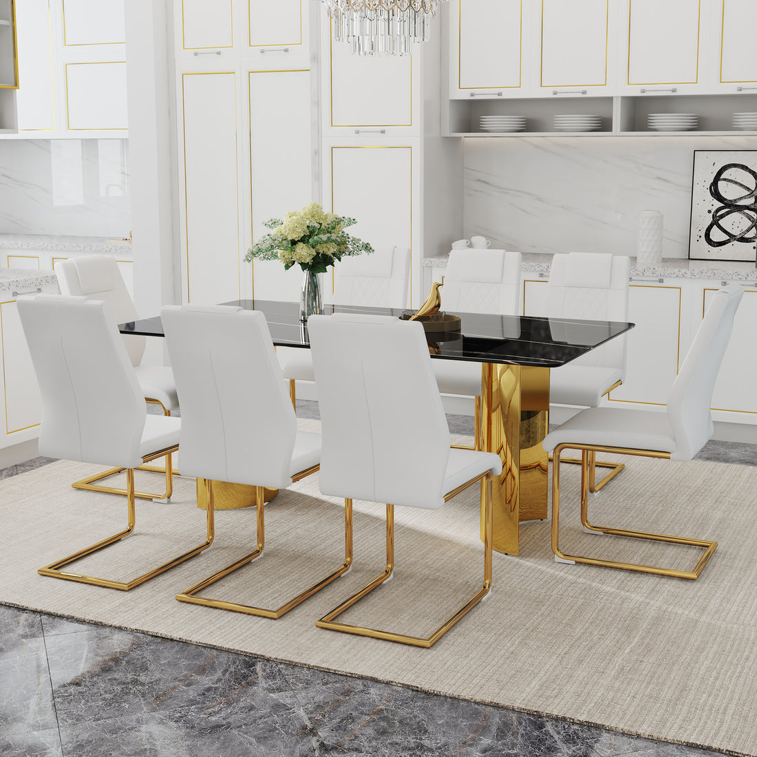 Table And Chair Set.The Table Has A Glass Tabletop With Imitation Marble Pattern Stickers And Stainless Steel Golden Table Legs. Paried With Comfortable Chairs With Pu Seats And Metal Legs. Gold Black Seats 8 Glass Metal