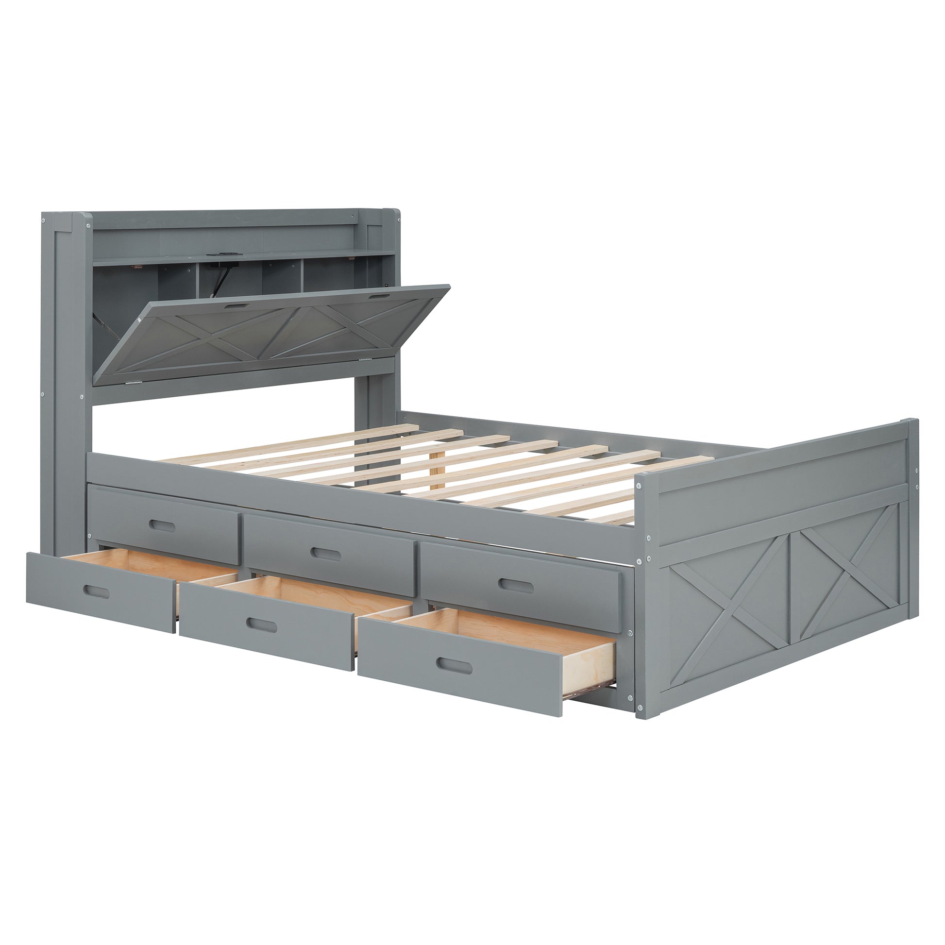Full Size Wooden Bed With Storage Headboard With Outlets, Extendable Bed With Twin Size Trundle With Three Storage Drawers,Gray Full Gray Wood