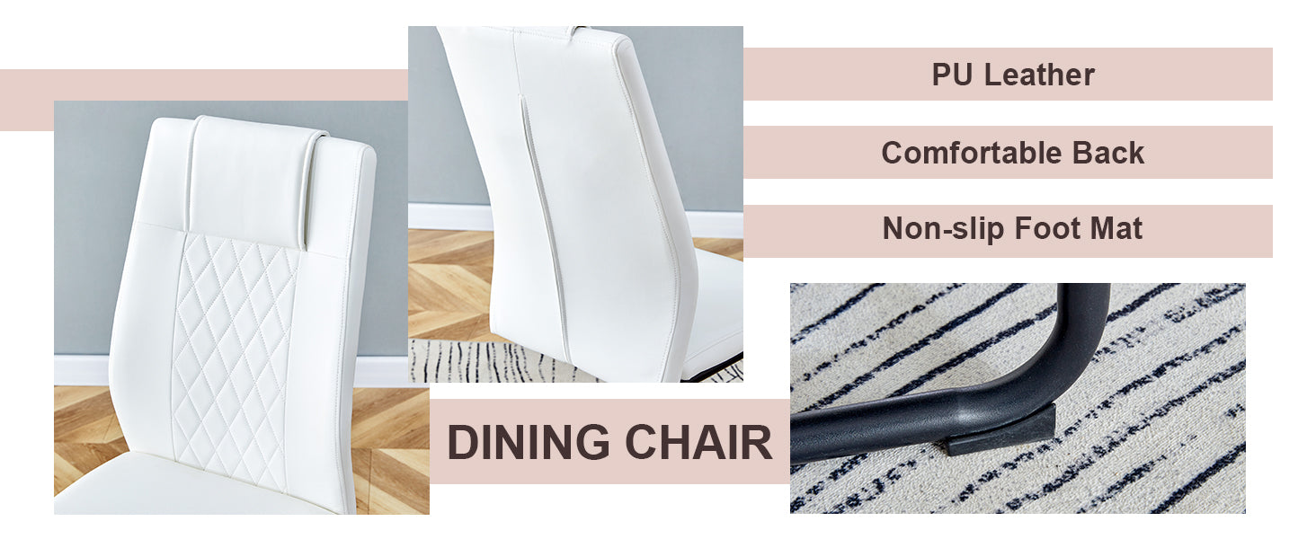 Table And Chair Set. Large Modern Rectangular Table With Black Textured Top And Black Metal Legs. Soft And Comfortable Pu Seats, Faux Leather Upholstered Seats And Sturdy Metal Legs. White Black Seats 4 Sintered Stone