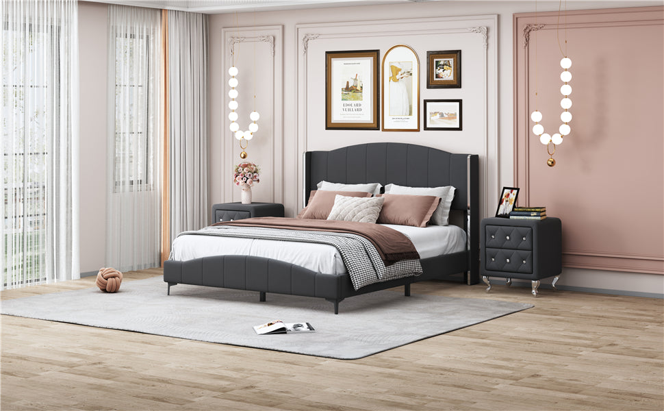 3 Pieces Bedroom Set With Queen Size Pu Leather Upholstered Platform Bed And Elegant Pu Nightstand With 2 Drawersblack Box Spring Not Required Queen Black 3 Piece Set Pu