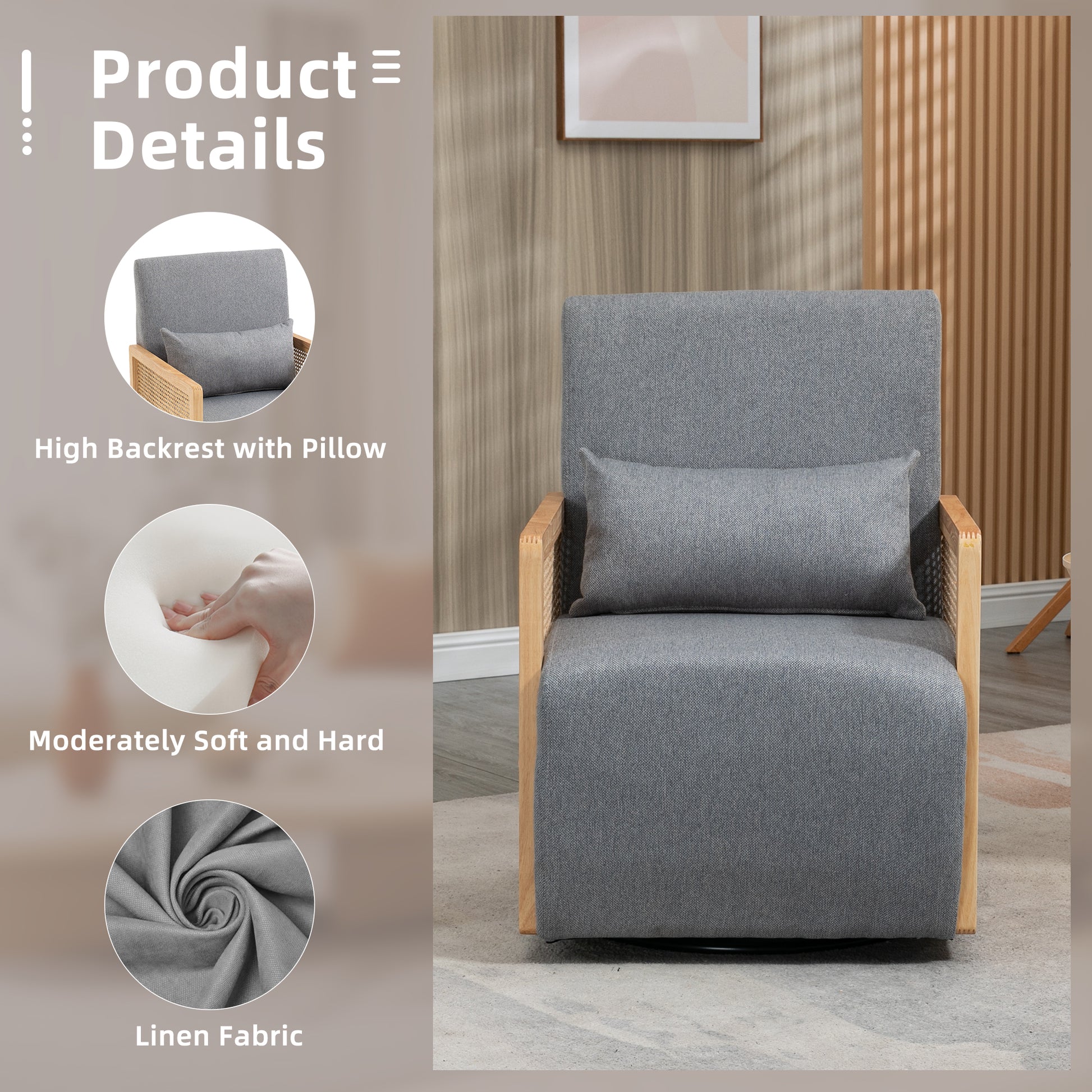 Coolmore 360 Degree Swivel Barrel Club Chair With One Pillow,Modern Comfortable Upholstered Accent Chair,Linen Accent Chair For Living Room,Bedroom Grey Linen Grey Primary Living Space Modern Foam Linen