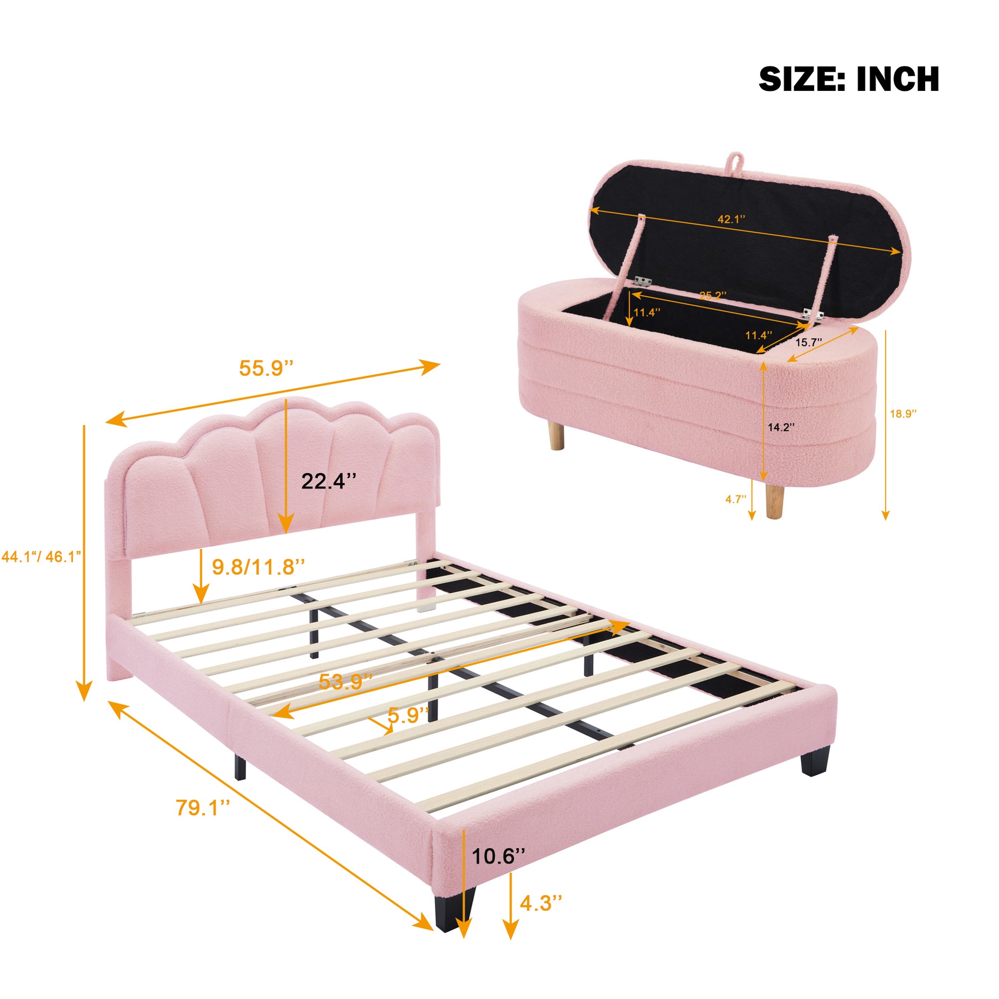 2 Pieces Bedroom Sets Full Size Flower Shaped Upholstered Led Platform Bed With Storage Ottoman Sherpa Fabric, Pink Full Pink 2 Piece Set Wood
