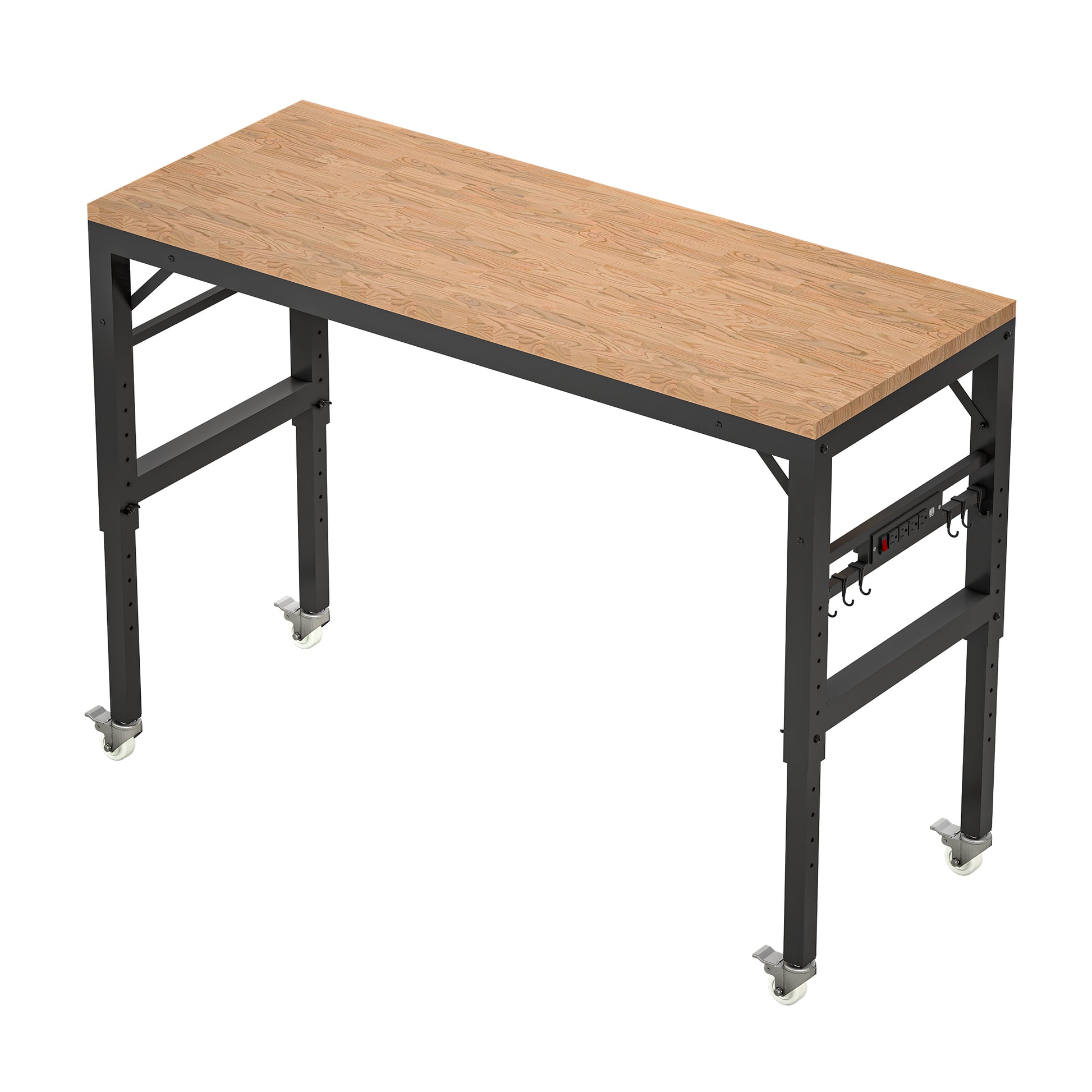 60" Adjustable Workbench For Garage, Rubber Wood Heavy Duty Workstation With Power Outlets & Wheels, 2000 Lbs Load Capacity Hardwood Worktable For Workshop, Garage, Office, Home, Commercial Black Metal & Wood