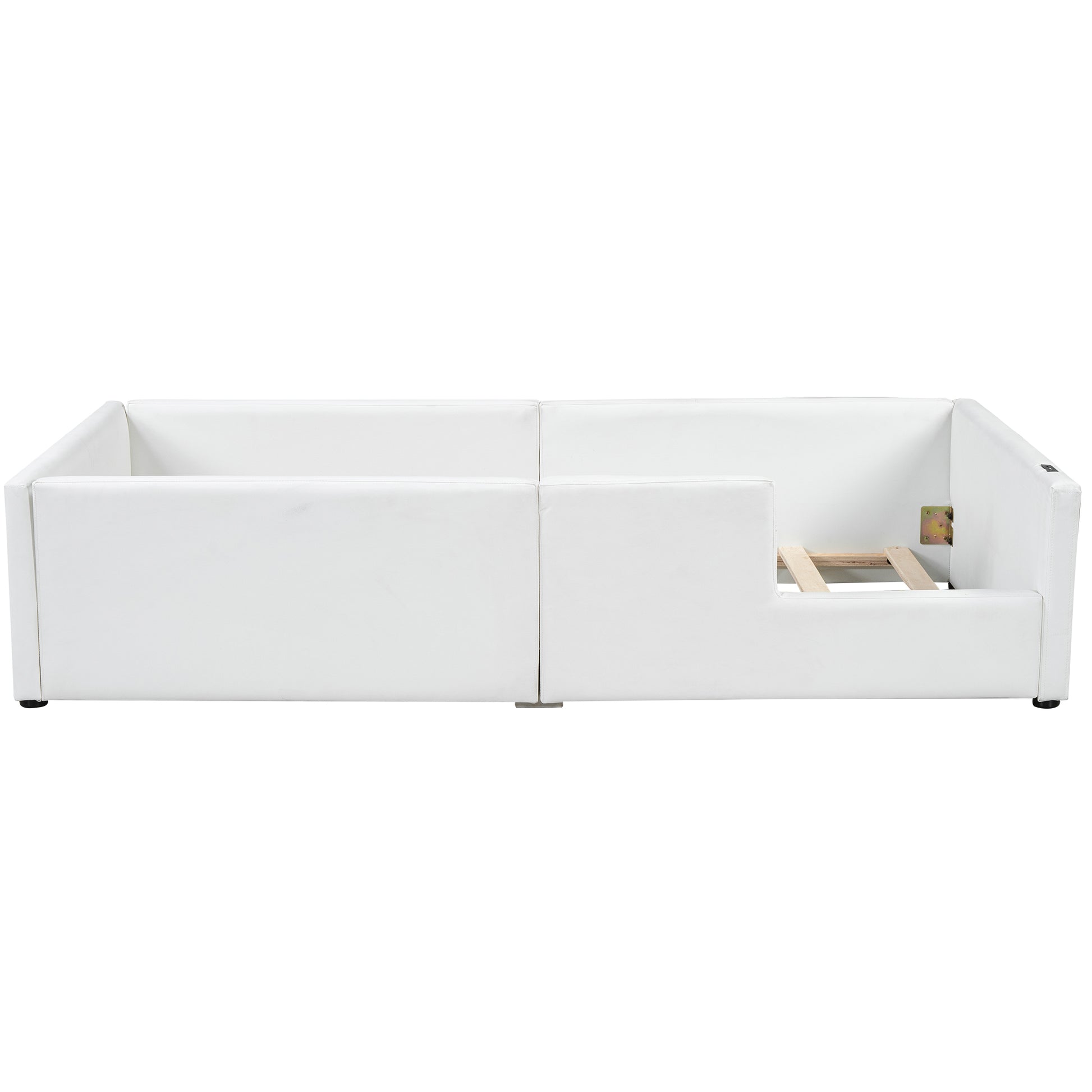 Twin Size Upholstered Platform Bed With Guardrail And Charging Station, White Box Spring Not Required Twin White Upholstered