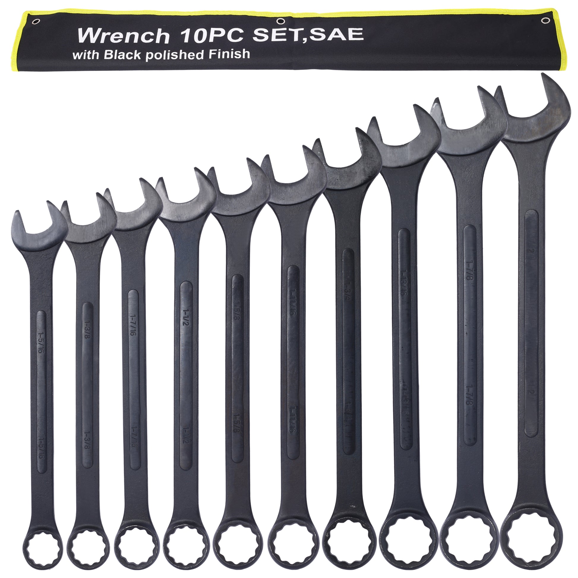 Sae Jumbo Combination Wrench Set Extra Large,10 Pc Sae Black Oxide Jumbo Combo Wrench Set 1 5 16" 2" With Pouch Black Carbon Steel