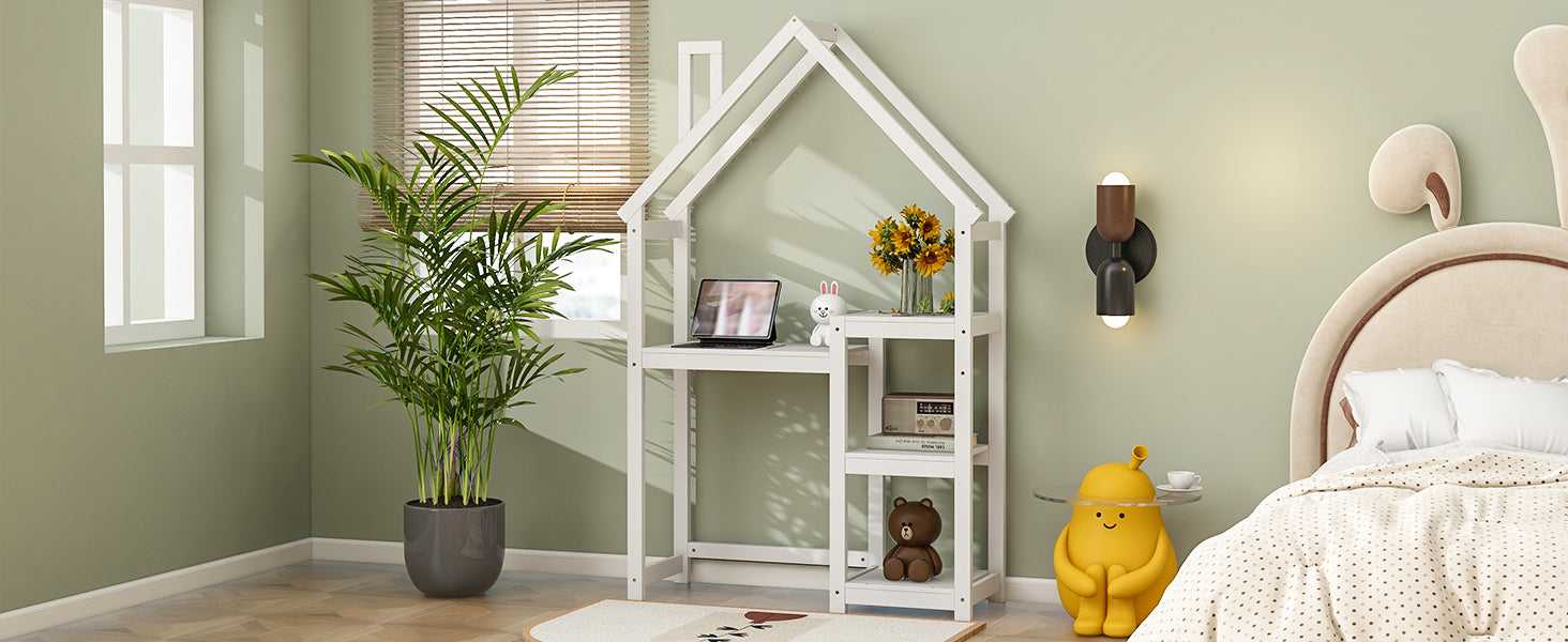 House Shaped Wooden Writing Desk,Kids Study Table,Bookshelf & Toy Storage,White Twin White American Design Pine
