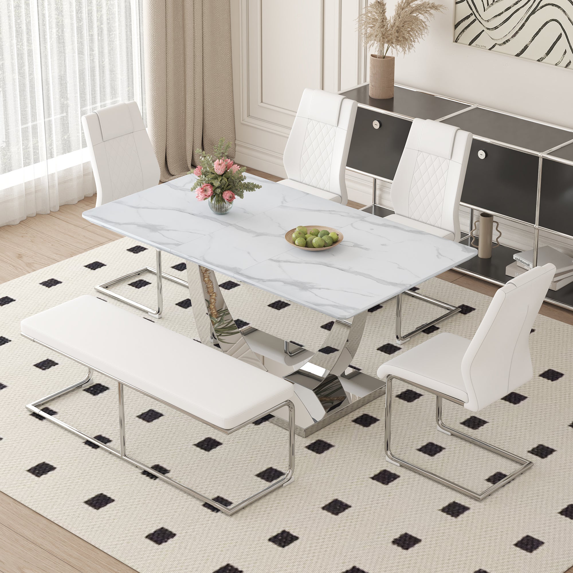 Table And Chair Set. Large Modern Rectangular Table With White Textured Top And Silver Metal Legs. Soft And Comfortable Pu Seats, Faux Leather Upholstered Seats And Sturdy Metal Legs. White Mdf Metal