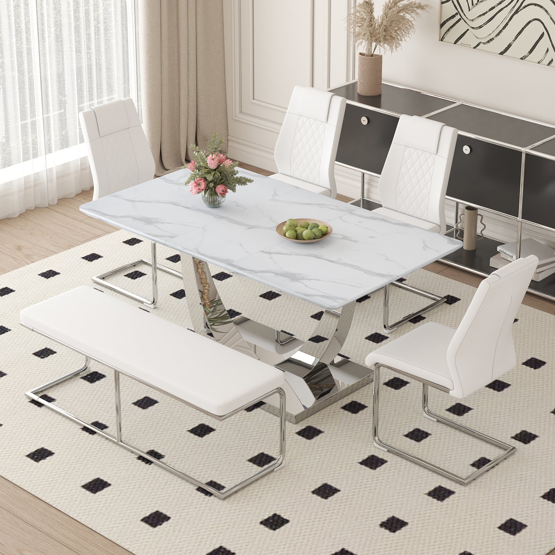 Table And Chair Set. Large Modern Rectangular Table With White Textured Top And Silver Metal Legs. Soft And Comfortable Pu Seats, Faux Leather Upholstered Seats And Sturdy Metal Legs. White Mdf Metal