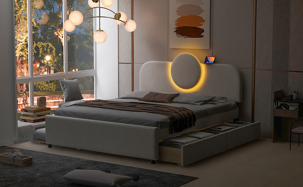 Queen Size Upholstered Platform Bed With Multi Functional Headboard, Trundle And 2 Drawers, White Box Spring Not Required Queen White Wood Bedroom Upholstered