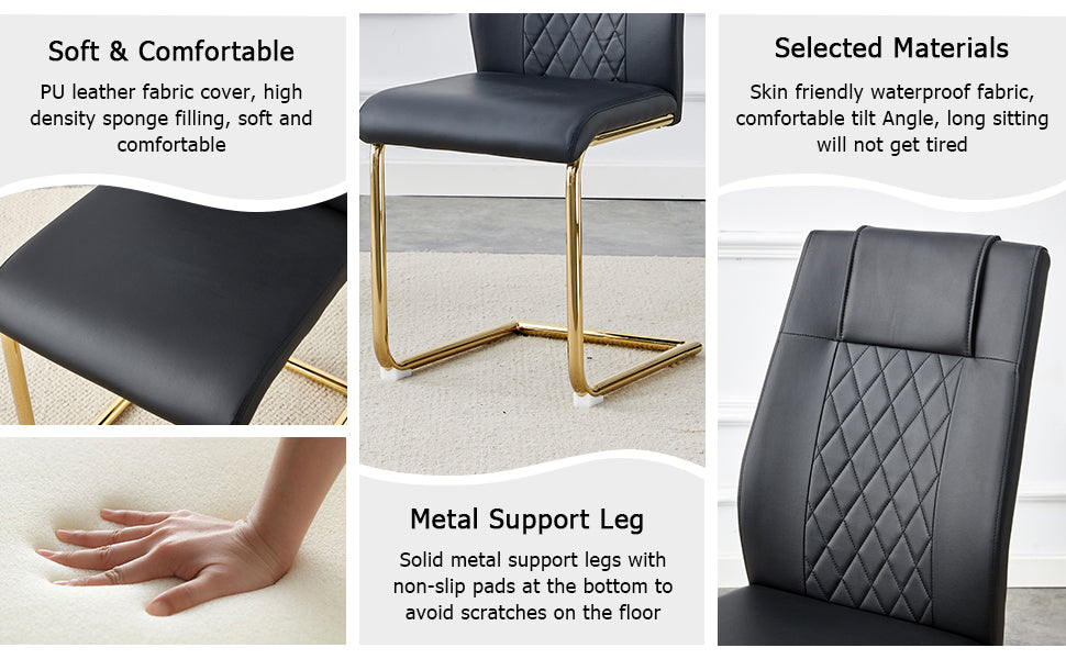 Table And Chair Set.The Table Has A Glass Tabletop With Imitation Marble Pattern Stickers And Stainless Steel Golden Table Legs. Paried With Comfortable Chairs With Pu Seats And Metal Legs. Gold Black Seats 8 Glass Metal