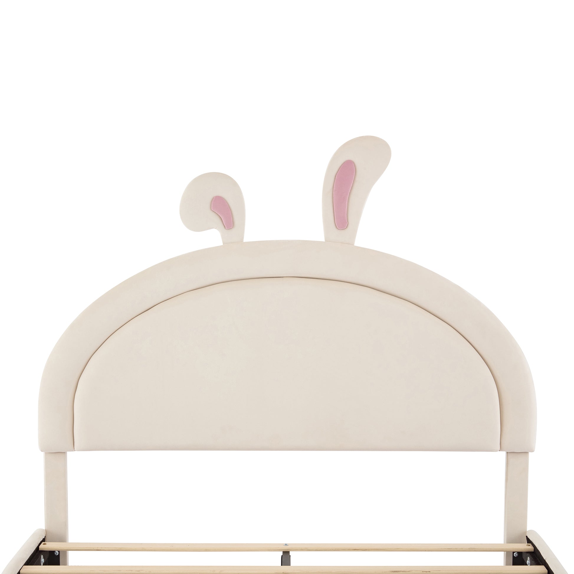 Full Size Upholstered Rabbit Shape Bed With 2 Storage Stools, Velvet Platform Bed With Cartoon Ears Shaped Headboard, White Full White Wood