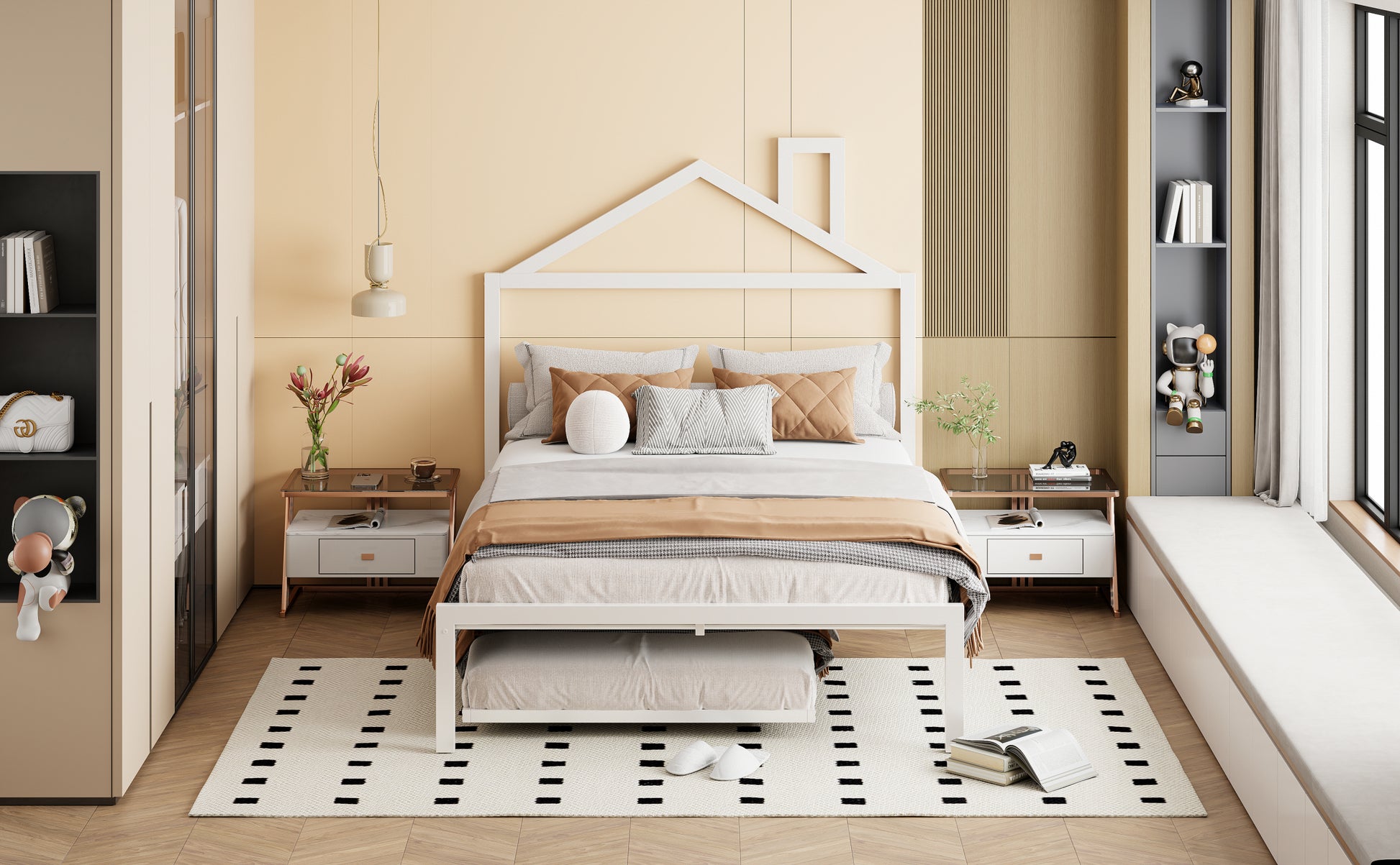 Full Size Metal Platform Bed With Twin Size Trundle,House Shaped Headboard Design, White Full White Metal