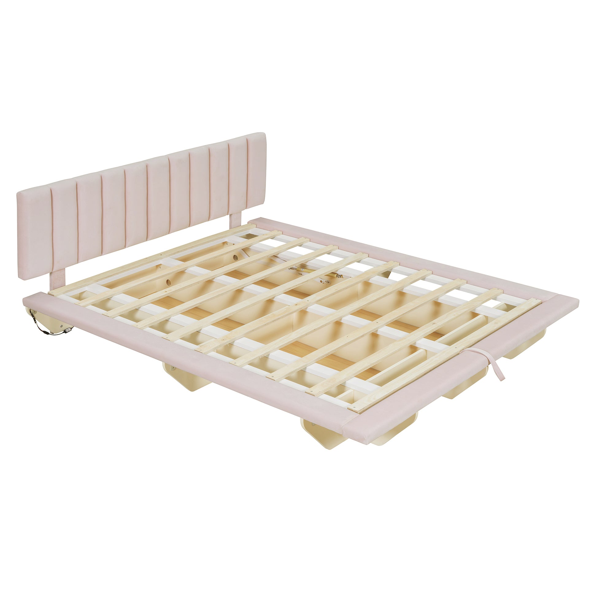 Queen Size Upholstered Floating Bed With Led Light And Usb Port, Velvet, Pink, Hydrualic Platform Bed Queen Pink Velvet
