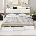 Metal Platform Bed With 3 Drawers, Storage Headboard, King, Gold King Gold White Fabric Metal