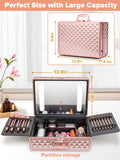 Portable Makeup Case With Led Mirror Travel Makeup Bag Cosmetic Organizer Box With Locks, Brush Holder, Dividers, Rechargeable, Rose Gold Rose Gold Aluminium Alloy