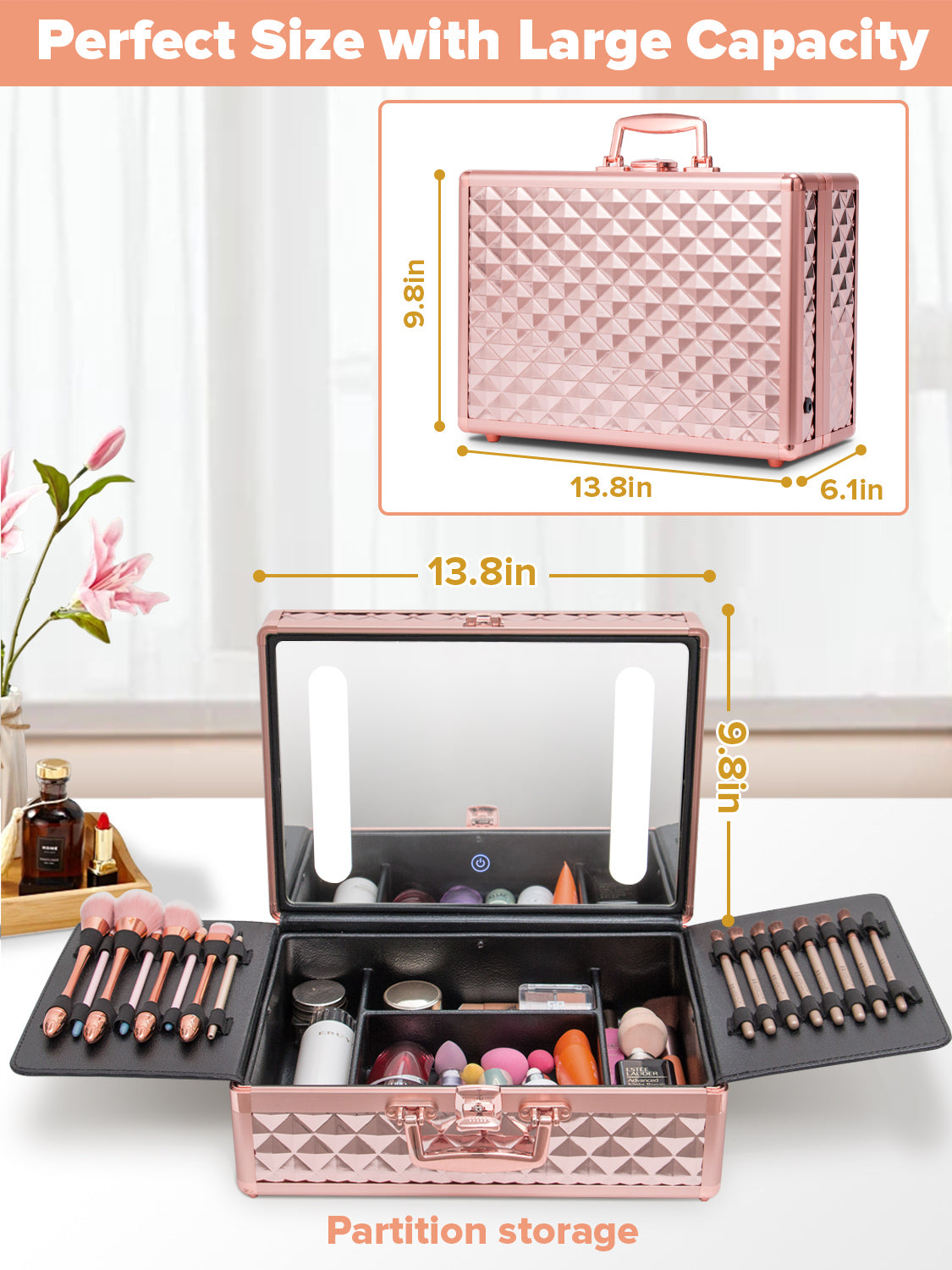 Portable Makeup Case With Led Mirror Travel Makeup Bag Cosmetic Organizer Box With Locks, Brush Holder, Dividers, Rechargeable, Rose Gold Rose Gold Aluminium Alloy