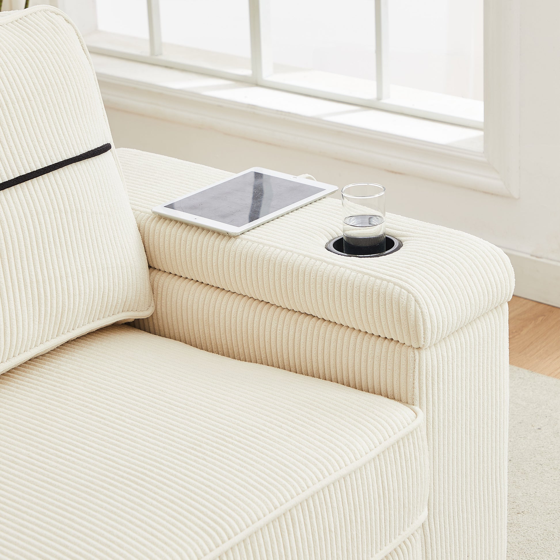 86.5 Inch Sofa Couch Deep Seat Sofa With Two Storage Spaces, T Pyce Charging Portsusb Charging Ports & 2 Cup ,Corduroy 3 Seater Couch, Modern Sofas For Living Room Beige Foam Corduroy 3 Seat