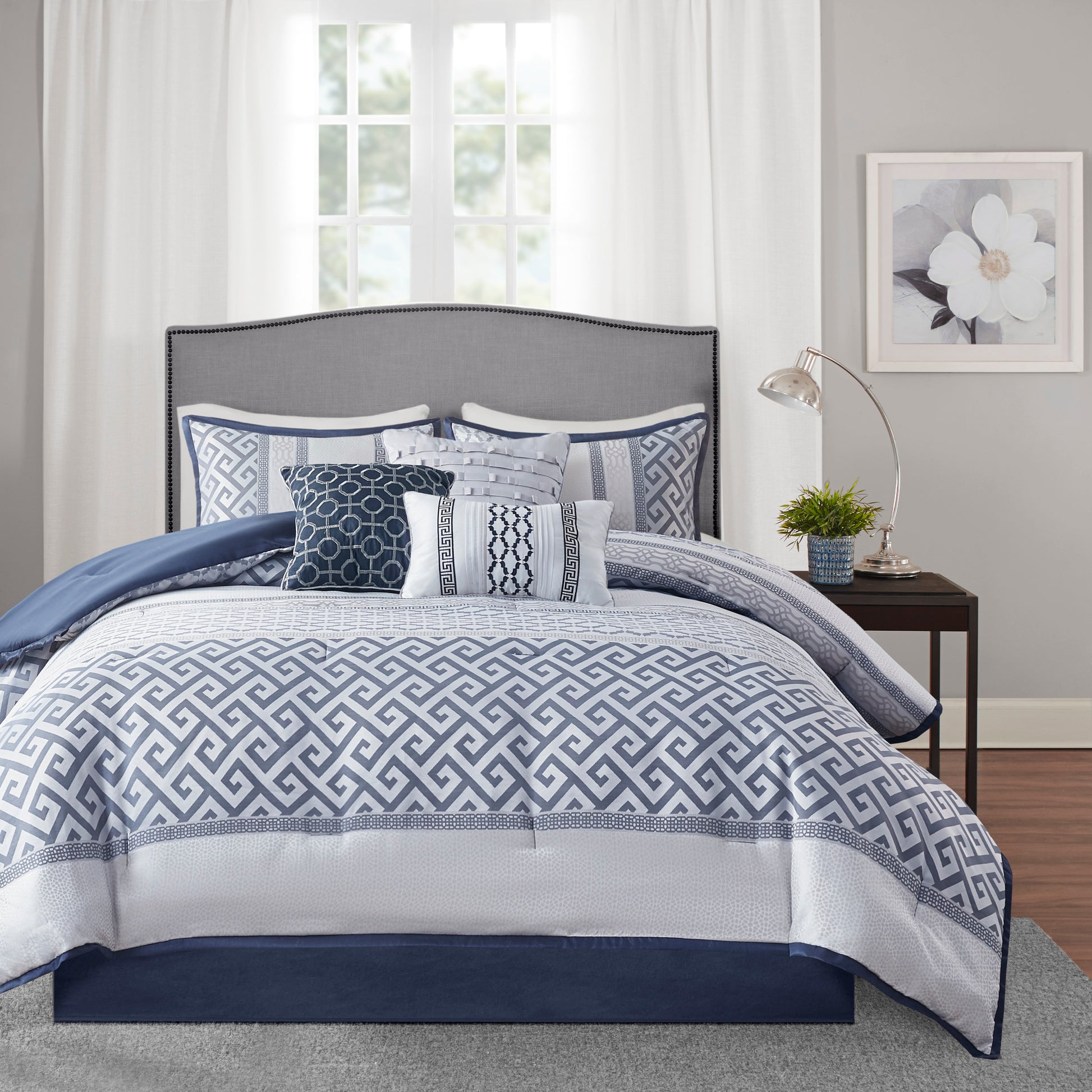7 Piece Jacquard Comforter Set Navy Cal King California King Navy Polyester