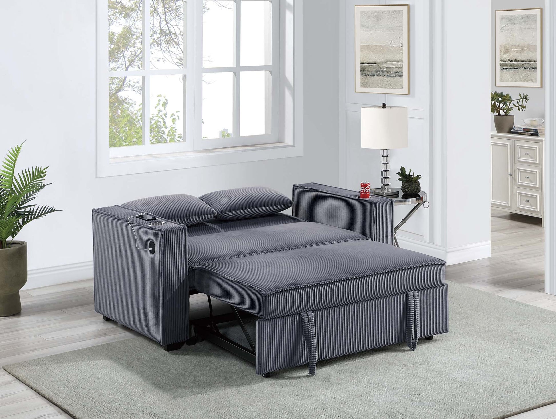 Dark Gray Corduroy Upholstered 2 Seat Sofa W Cup Holders Sleeper Couch 1Pc Convertible Sofa W Usb Dark Gray Wood Primary Living Space Cushion Back Contemporary,Modern,Transitional Rubberwood Square