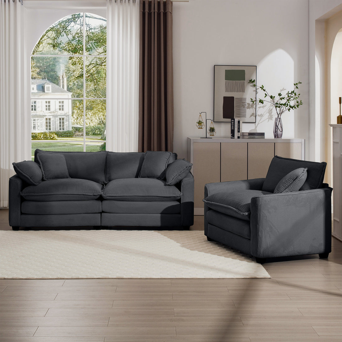 Modern Living Room Sofa Two Piece Set, Suitable For Living Room And Bedroom Sofa Set, Consists Of A Single Seat And A 3 Seater Sofas, Grey Corduroy Grey Corduroy 3 Seat