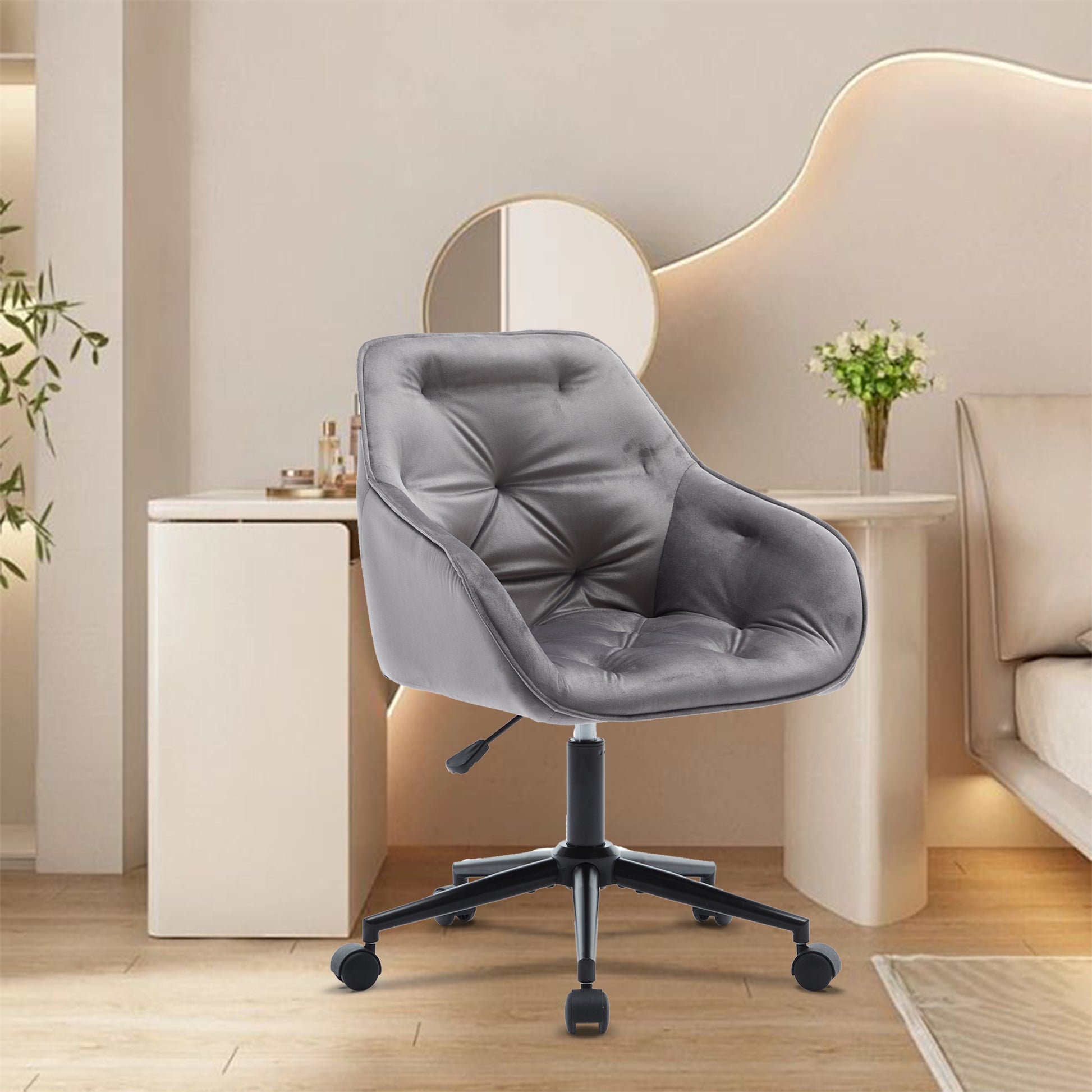 Elegent Velvet Office Chair With Wheels, Makeup Vanity Chair Height Adjustable For Teens Women Girls, Comfy Swivel Modern Leisure Armchair For Home Office, Bedroom, Study And Vanity. Gray Gray Primary Living Space Luxury,Modern Foam Iron