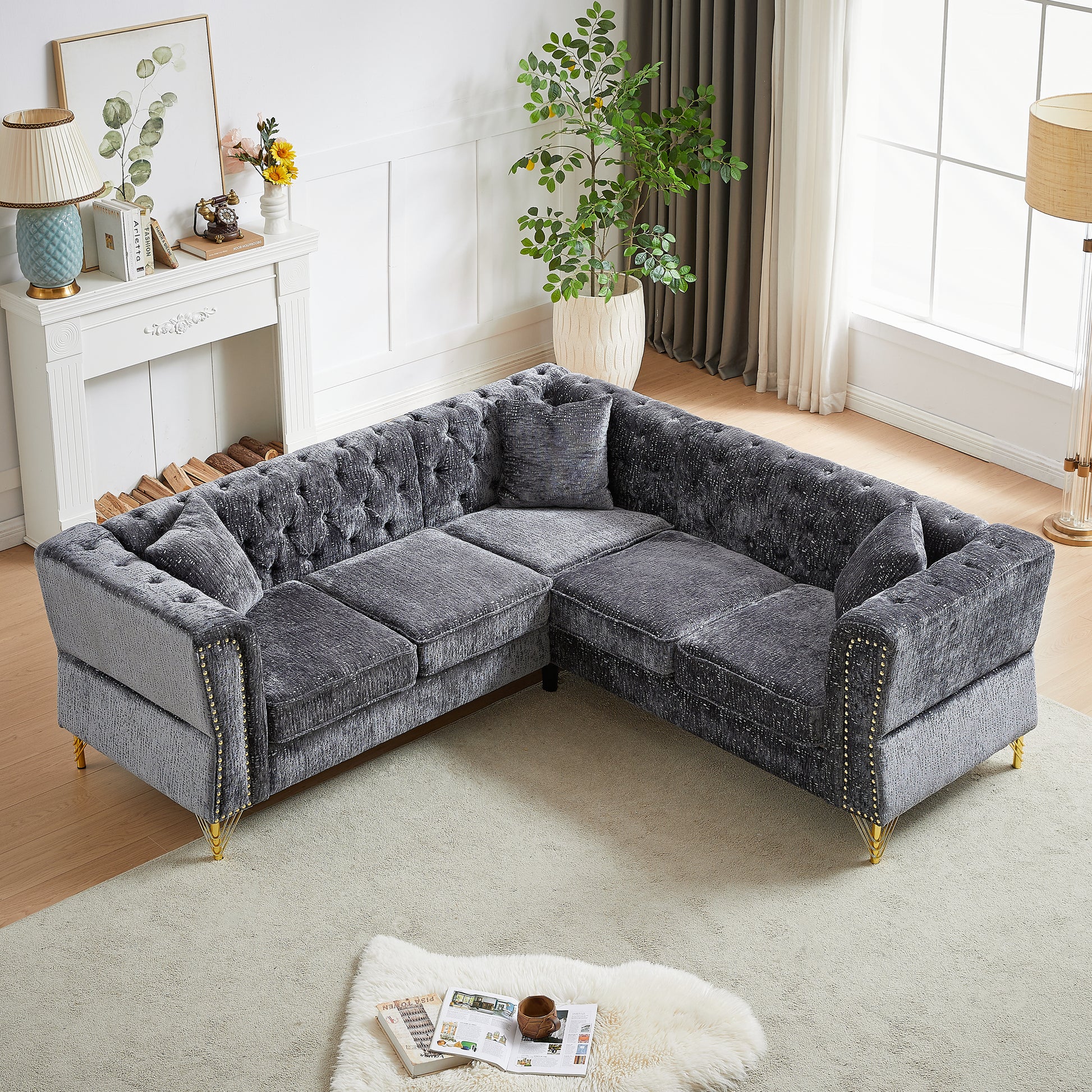 81.5 Inch Chenille Corner Sofal Shaped Sectional Couch, 5 Seater Corner Sofas With 3 Cushions For Living Room, Bedroom, Apartment, Office Grey Foam Chenille 5 Seat