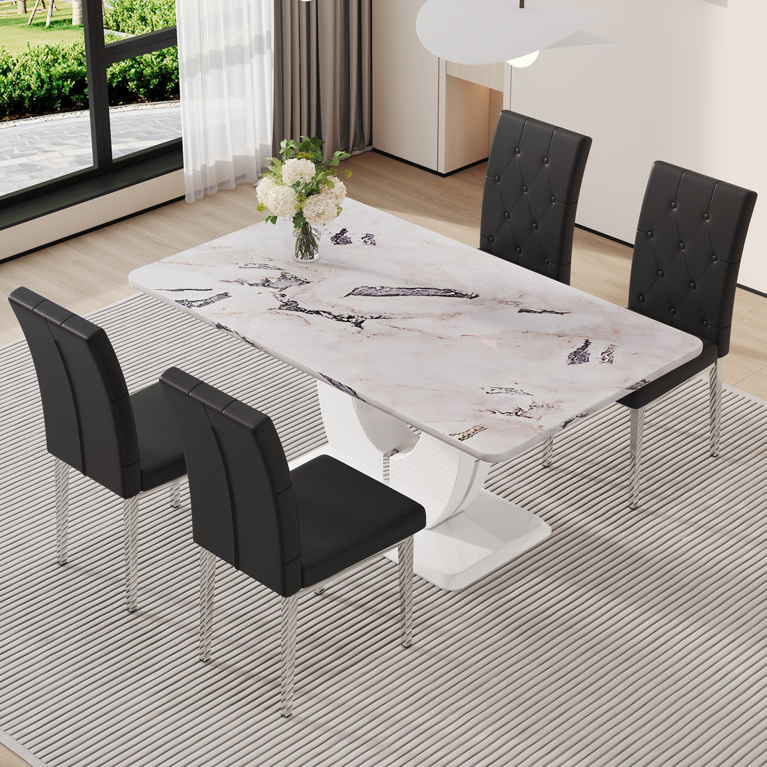 Table And Chair Set, Modern Minimalist White Marble Textured Rectangular Dining Table. Suitable For Restaurants And Living Rooms. Soft Cushion Seats.F 1280 White Mdf