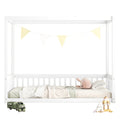 Twin Size Canopy Frame Floor Bed With Fence, Guardrails,White Twin White American Design Pine
