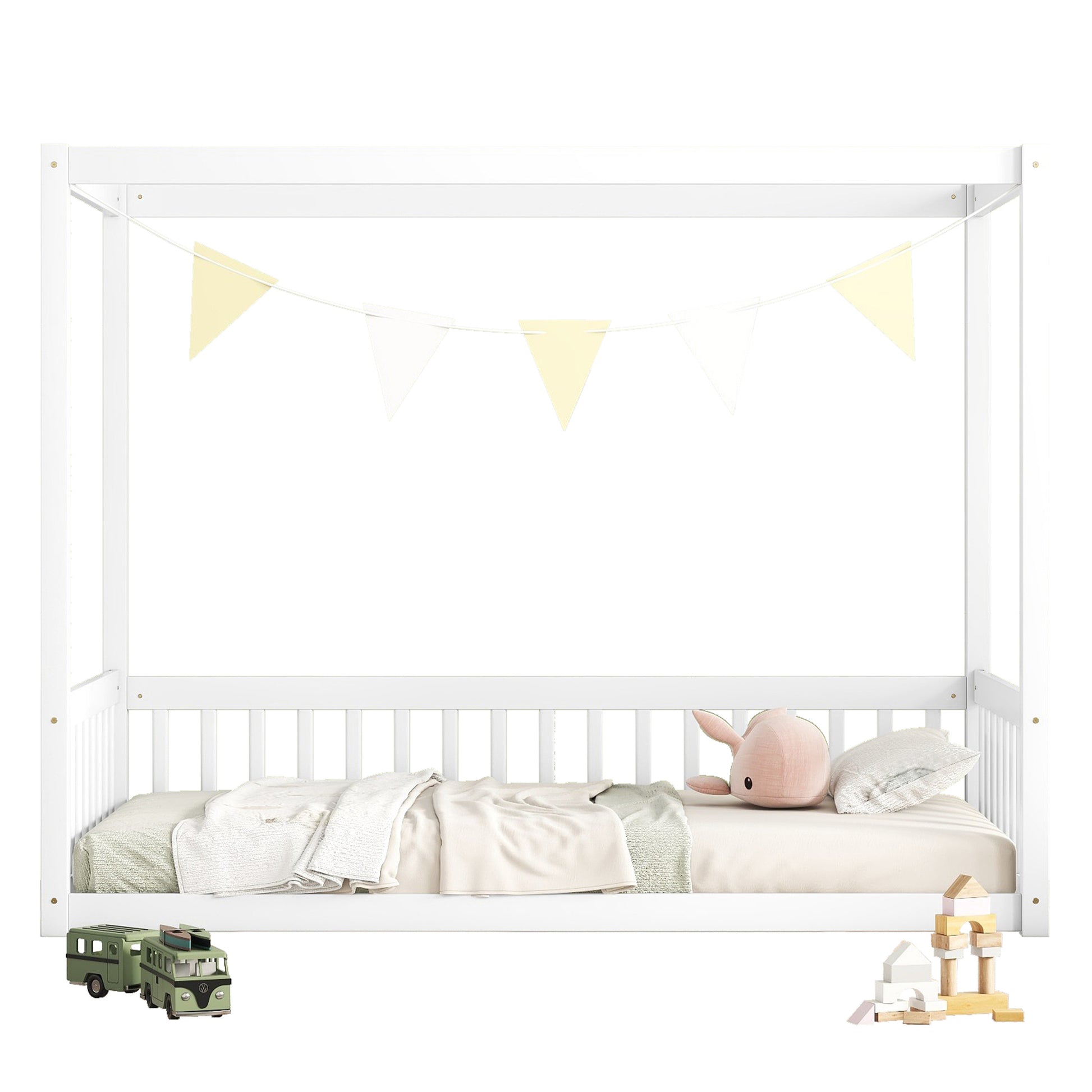 Twin Size Canopy Frame Floor Bed With Fence, Guardrails,White Twin White American Design Pine