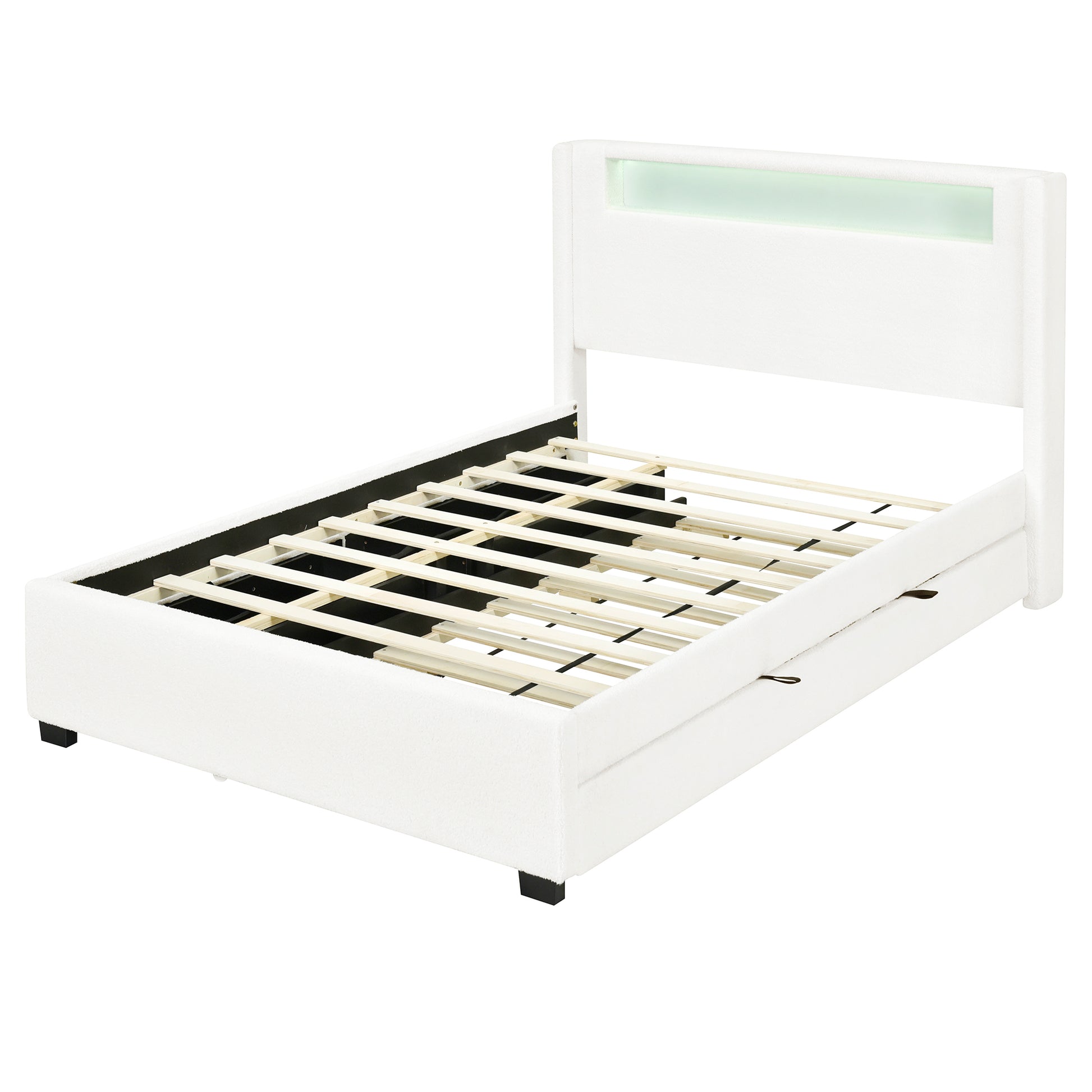 Full Size Upholstered Platform Bed With Led Frame, With Twin Size Trundle And 2 Drawers, Teddy Fleece, White White Fleece