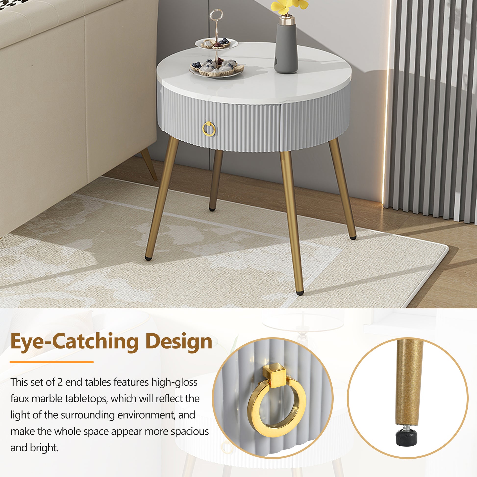 19.6'' Easy Assembly End Tables With High Gloss Faux Marble Tabletops, Set Of 2, Modern Fluted 2 Side Tables With Drawers, Round Coffee Tables With Golden Legs For Living Room, Grey Grey Gold Primary Living Space Drawers Round Mdf Iron