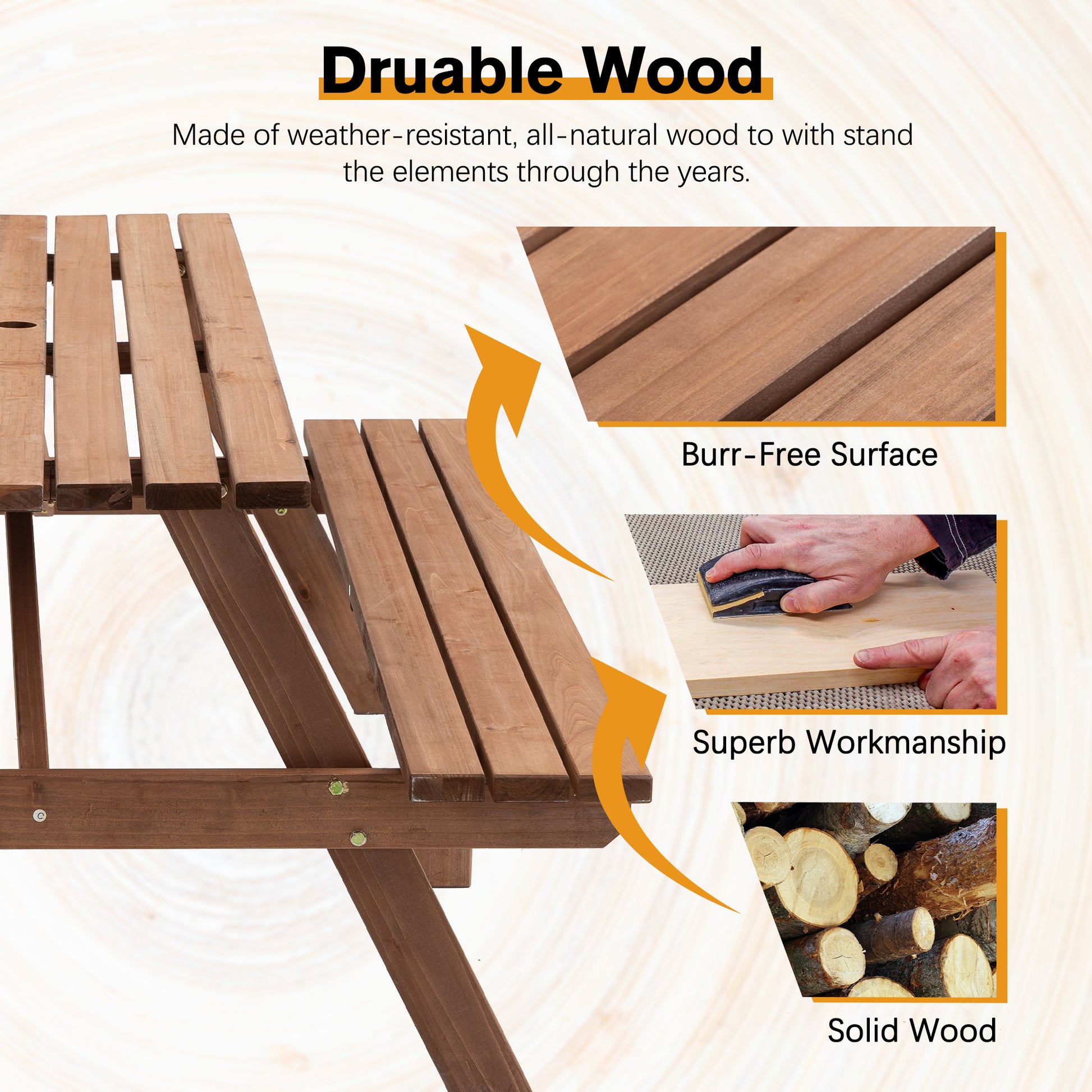 8 Person Brown Wooden Picnic Table, Outdoor Camping Dining Table With 2 Seats, Garden, Diy With 2 Built In Benches, 2220Lb Capacity Brown Wood