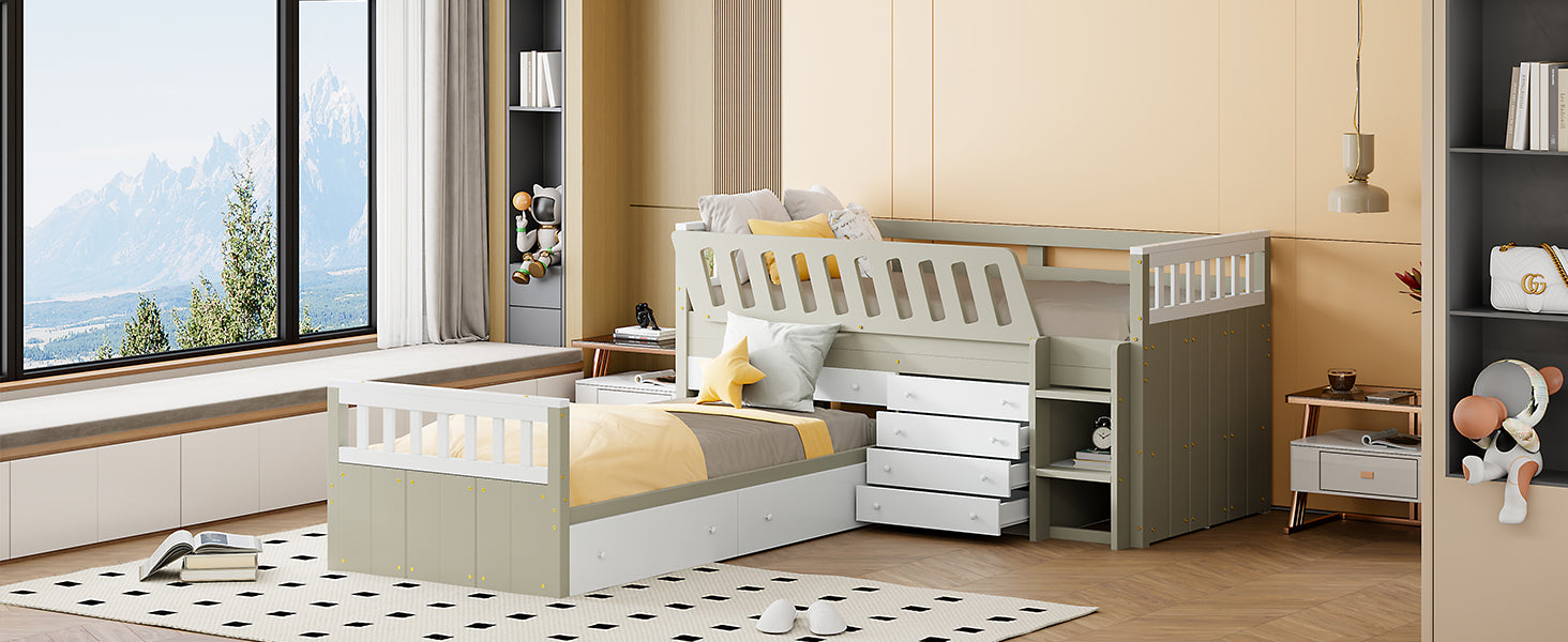 L Shaped Space Saving Twin Loft And Twin Platform Bed With 7 Drawers And Full Guardrails White Light Brown Twin Brown White Solid Wood