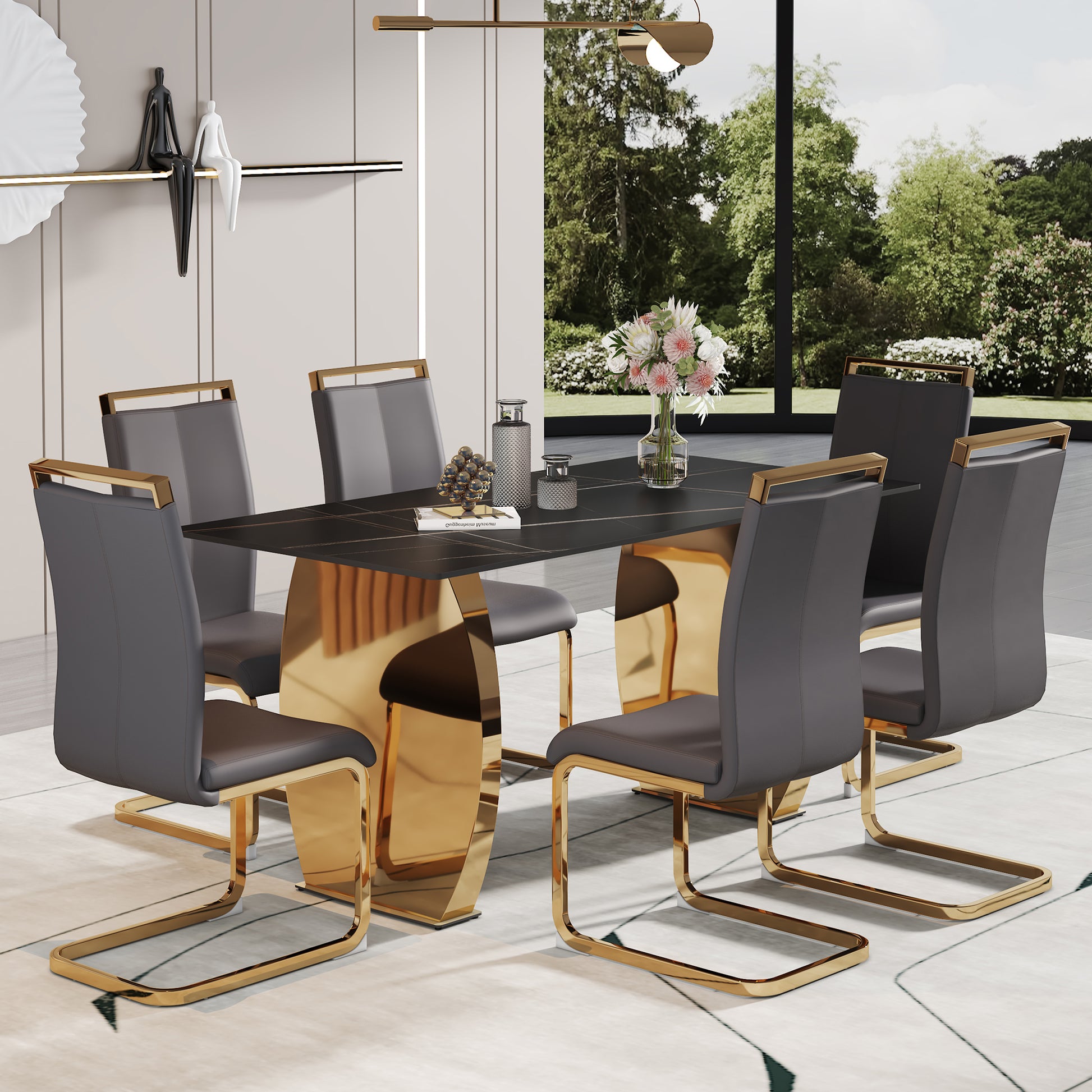 Table And Chair Set,Modern Rectangular Table With 0.4 Inch Black Patterned Tabletop And Gold Legs, Suitable For Kitchen, Dining Room, And Living Roomcomfortable Pu Seats,Perfect For Dinner, Meet Grey Black Seats 6 Sintered Stone