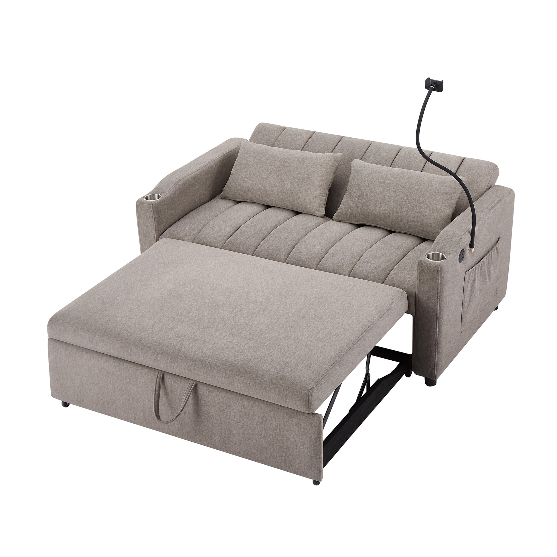 55.9" Convertible Sofa Bed Loveseat Sofa With Three Usb Ports, Two Side Pockets, Two Cup Holders And 360 Swivel Phone Holder For Living Room, Light Grey Light Grey Foam Polyester