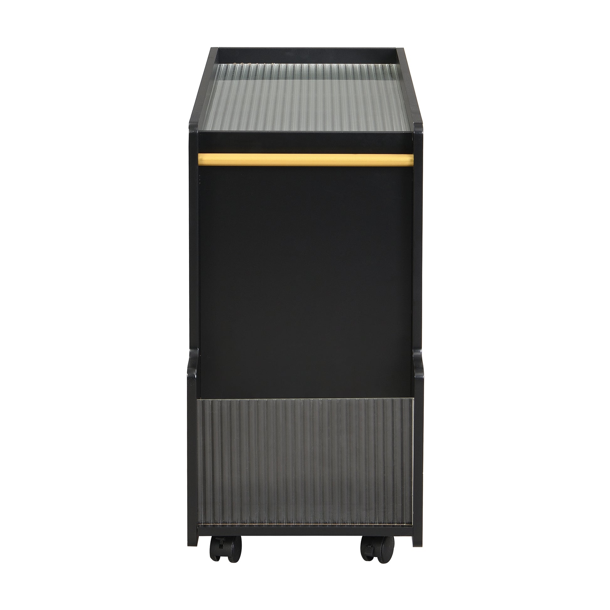 Mobile End Table With Lockable Wheels, Narrow Coffee Table With 5Mm Thick Fluted Tempered Glass, Modern Nightstand With Golden Round Rod, Living Room, Black, 31.5''W X11.8''D X 23.1''H Black Primary Living Space Mdf