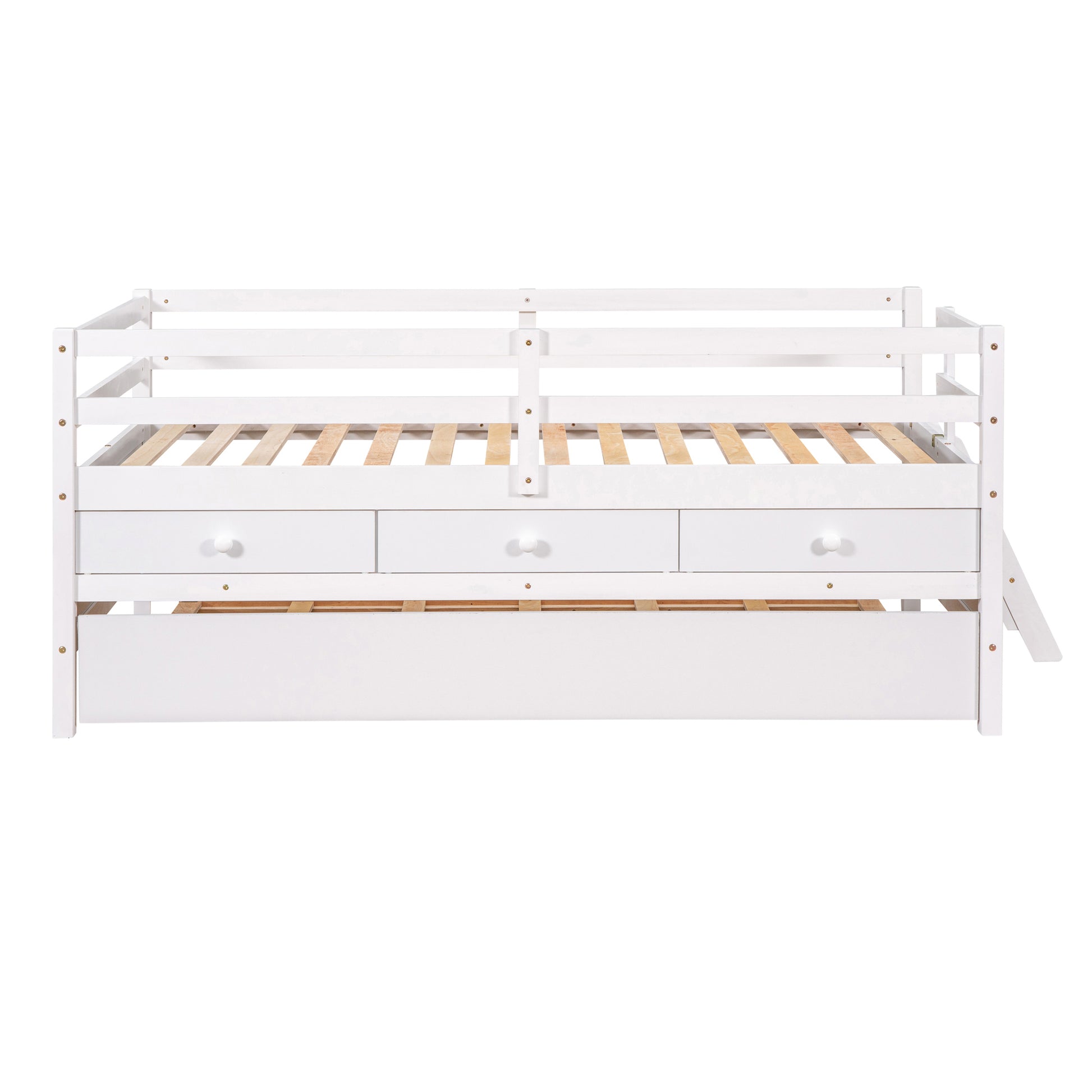 Low Loft Bed Twin Size With Full Safety Fence, Climbing Ladder, Storage Drawers And Trundle White Solid Wood Bed White Solid Wood