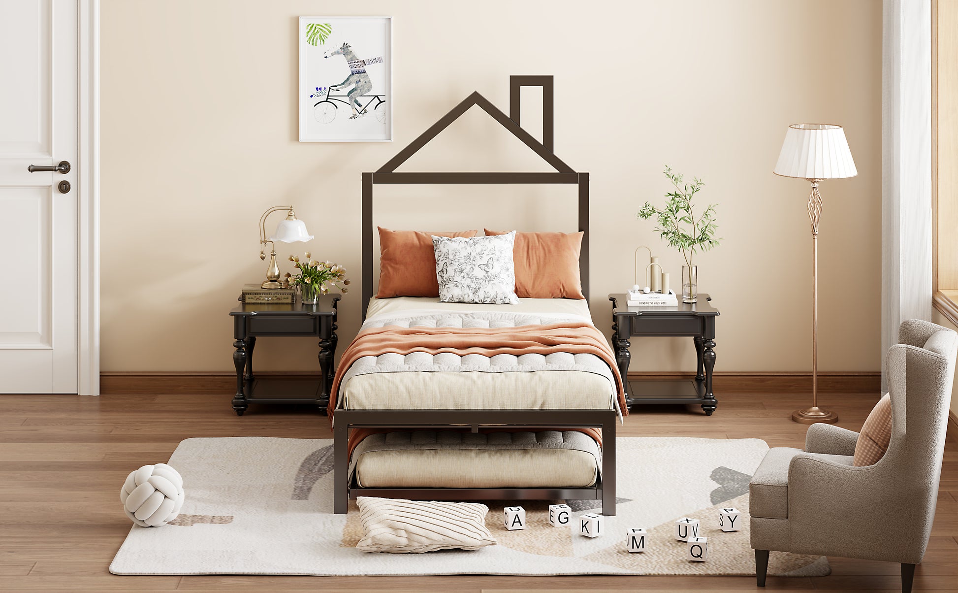 Twin Size Metal Platform Bed With Twin Size Trundle,House Shaped Headboard Design, Black Twin Black Metal