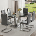 Table And Chair Set. Large Modern Rectangular Table With Glass Top And Silver Metal Legs. Furnished With Soft And Comfortable Pu Chairs With Faux Leather Upholstered Seats And Silver Metal Legs. Gray Silver Seats 6 Glass Metal