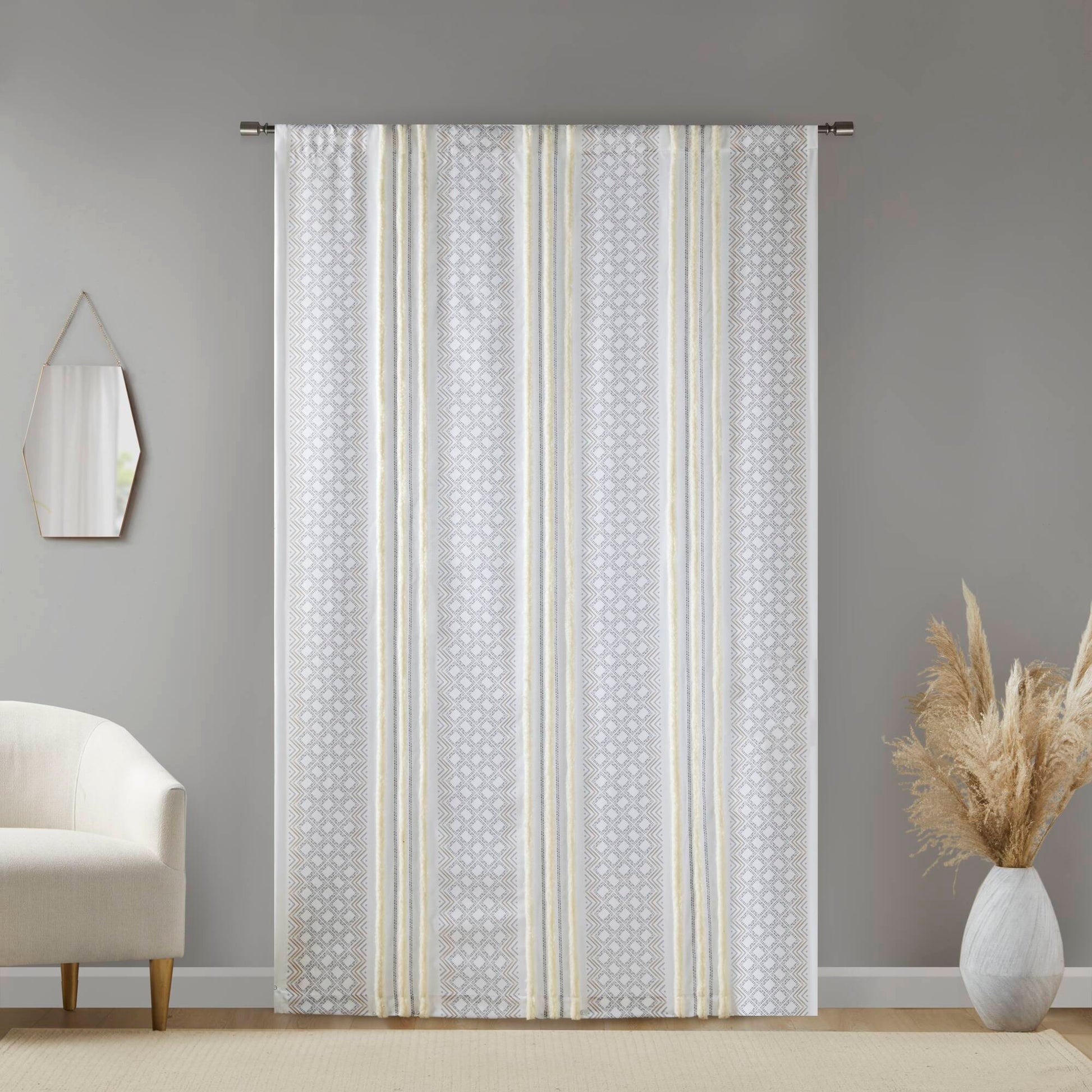2Pk Poly Printed Curtain Panel With Tufted Stripe White Taupe 2 Pk 50X95" Multicolor Polyester
