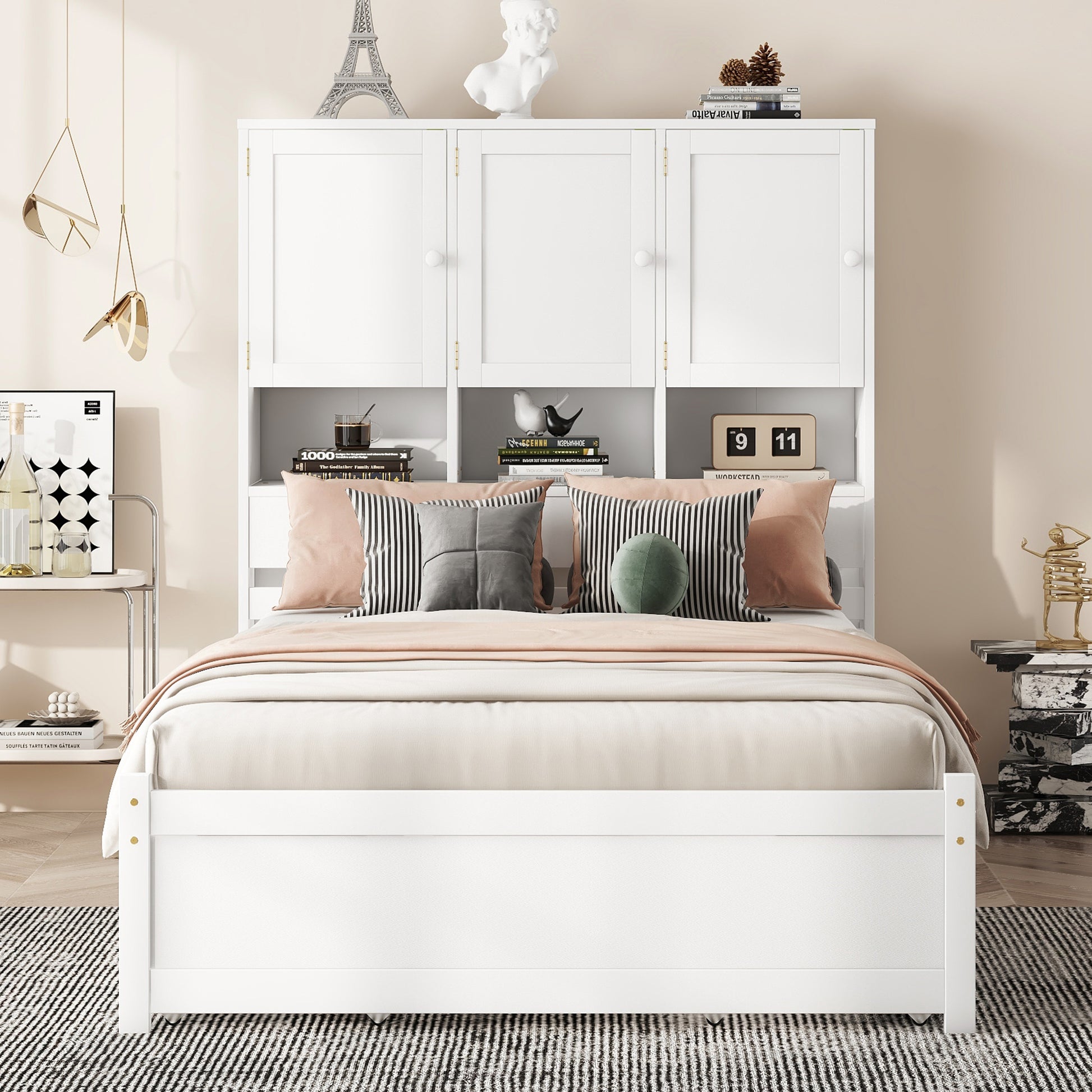 Full Size Platform Bed With Storage Headboard And 4 Drawers, White Box Spring Not Required Full White Wood Bedroom Bed Frame Solid Wood Mdf