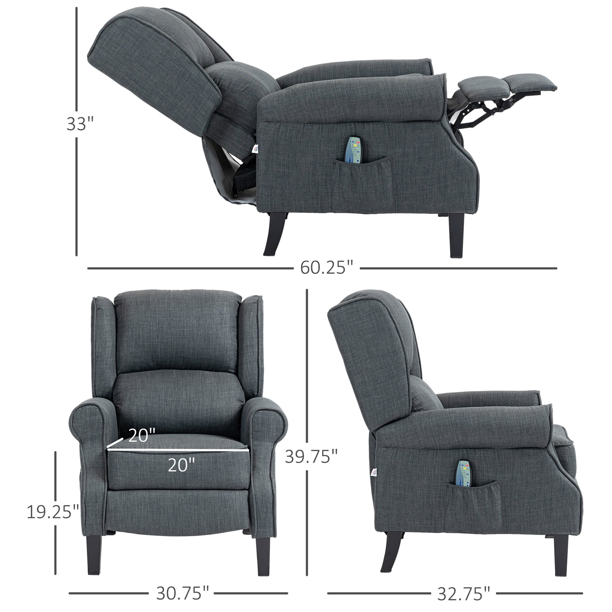 Homcom Vibrating Massage Recliner Chair For Living Room, Reclining Wingback Single Sofa With Heat, Linen Fabric Push Back Accent Chair With Footrest, Side Pocket, Charcoal Gray Charcoal Grey Linen