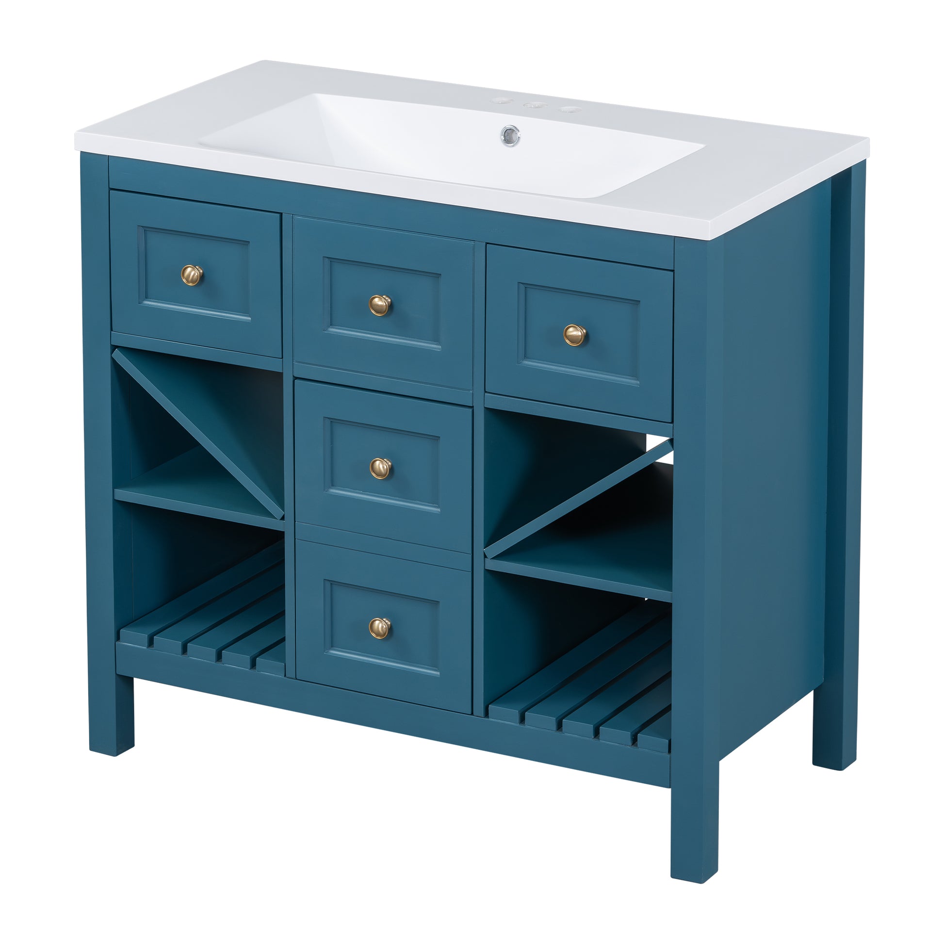 36'' Bathroom Vanity With Resin Sink Combo, Solid Wood Frame Bathroom Storage Cabinet, Freestanding Vanity Set With 5 Drawers& Soft Closing Doors Same As N710S136001C Blue Bathroom Solid Wood Mdf Resin