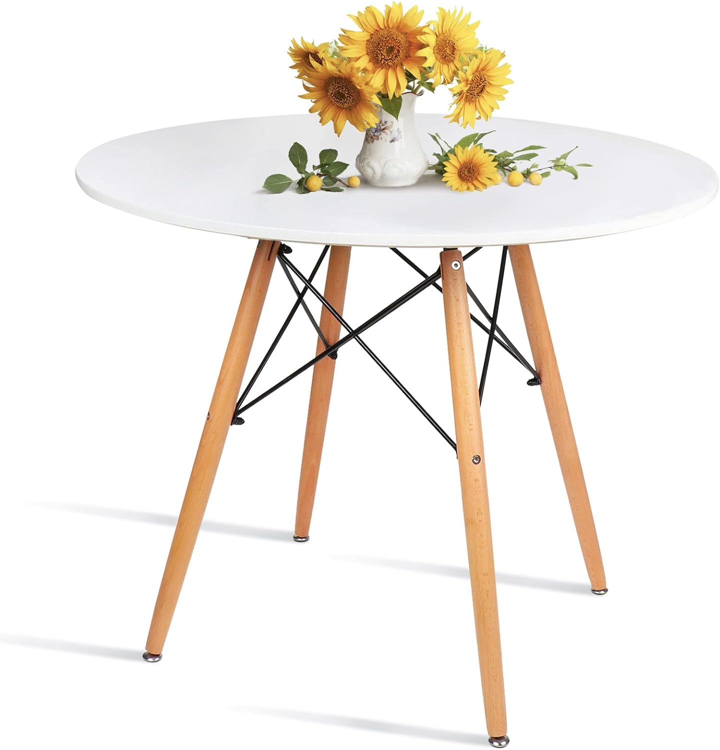 31.5" Round Dining Table Kitchen Table White Dining Table With White Mdf Desktop And Solid Wood Legs .Modern Style Coffee Table Leisure Dining Room Round Table For Kitchen Living Room White Kitchen Round Mdf