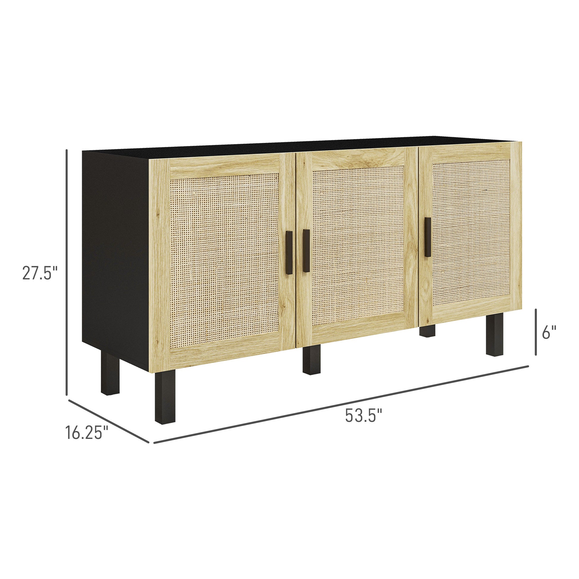 Homcom Sideboard Buffet Cabinet, Kitchen Cabinet, Coffee Bar Cabinet With 3 Rattan Doors And Adjustable Shelves, Black And Natural Black Natural Particle Board