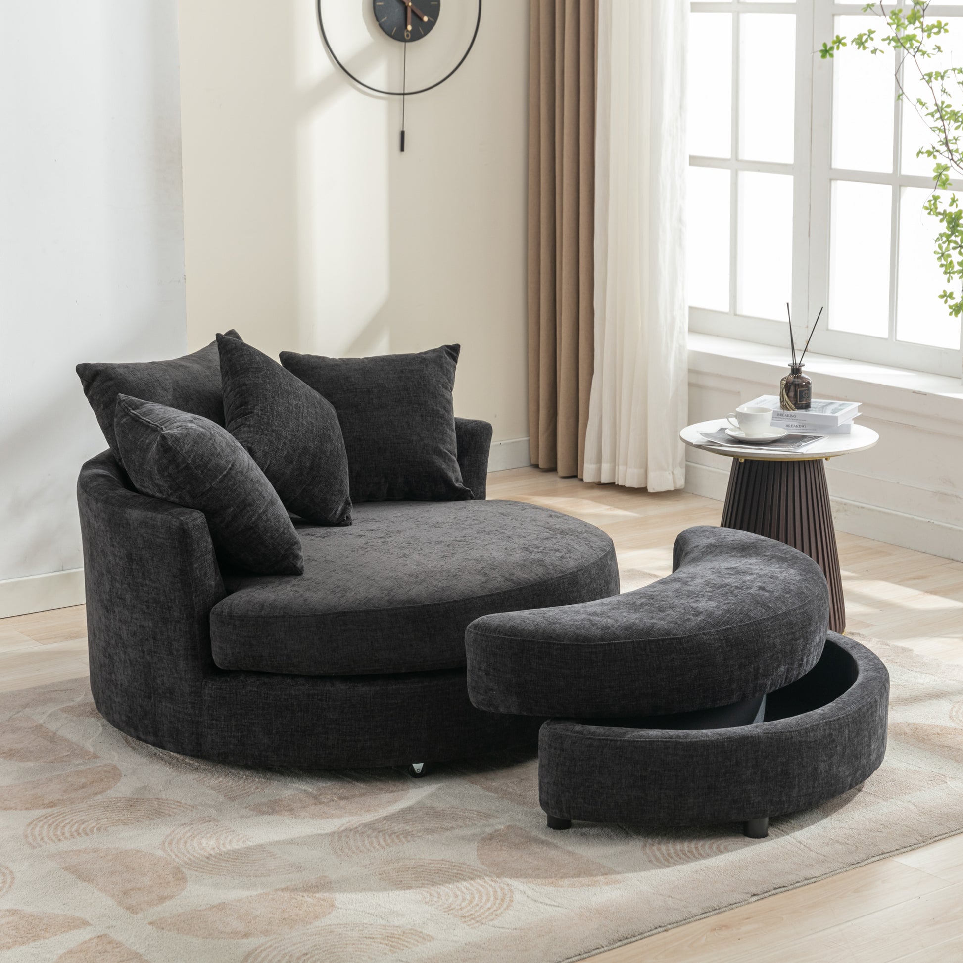 Orisfur. 360 Swivel Accent Barrel Chair With Storage Ottoman & 4 Pillows, Modern Chenille Leisure Chair Round Accent For Living Room, Gray Gray Foam Chenille