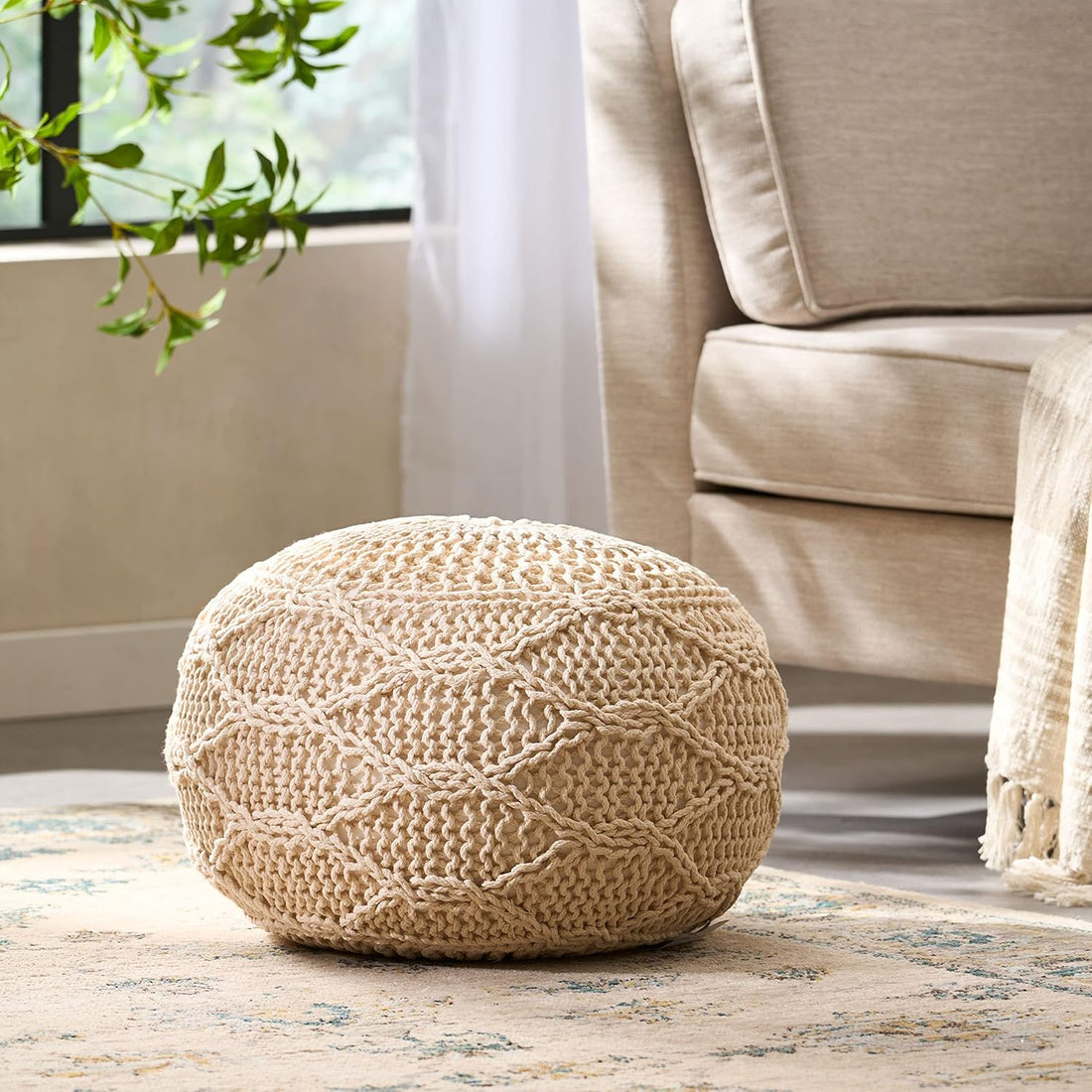 Malibu Knitted Wool 20 X 20 Round Pouf Ivory Wool