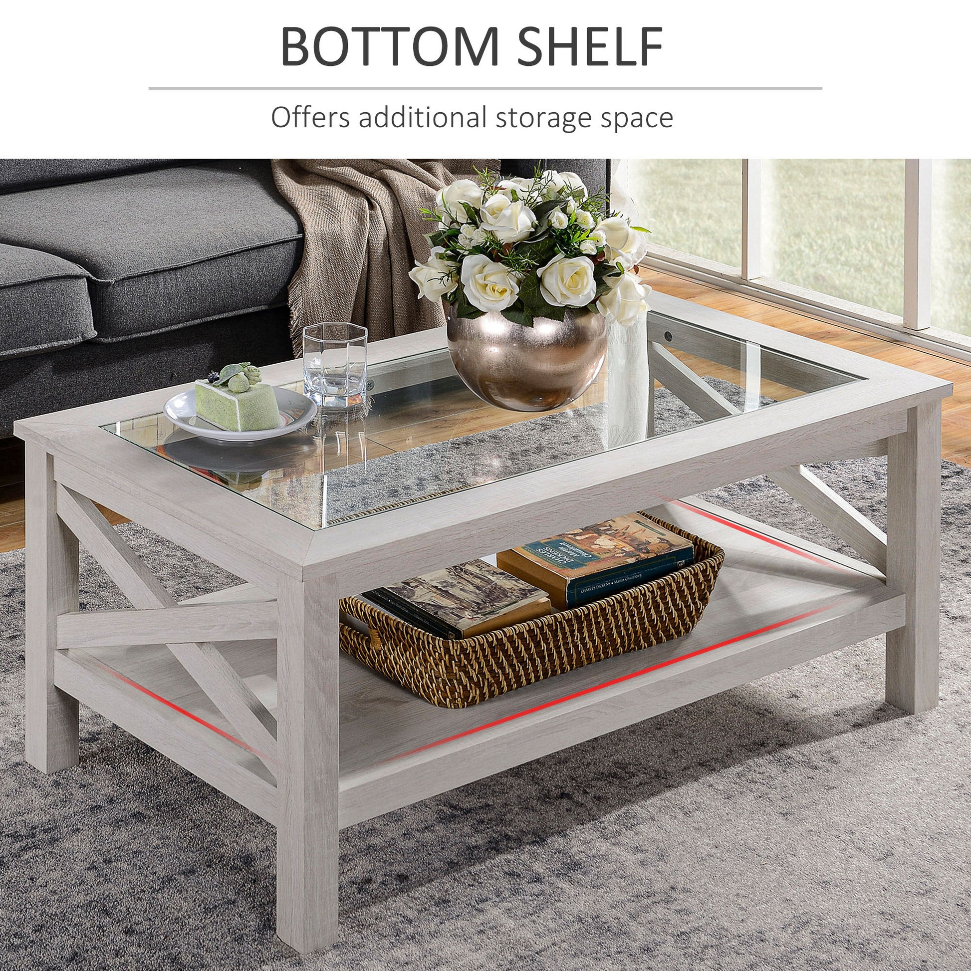 Homcom Farmhouse Style Coffee Table With Wood Frame, Tempered Glass Tabletop And Underneath Storage Shelf, Side Table For Living Room, 39.25"X21.75", White Oak White Oak Mdf