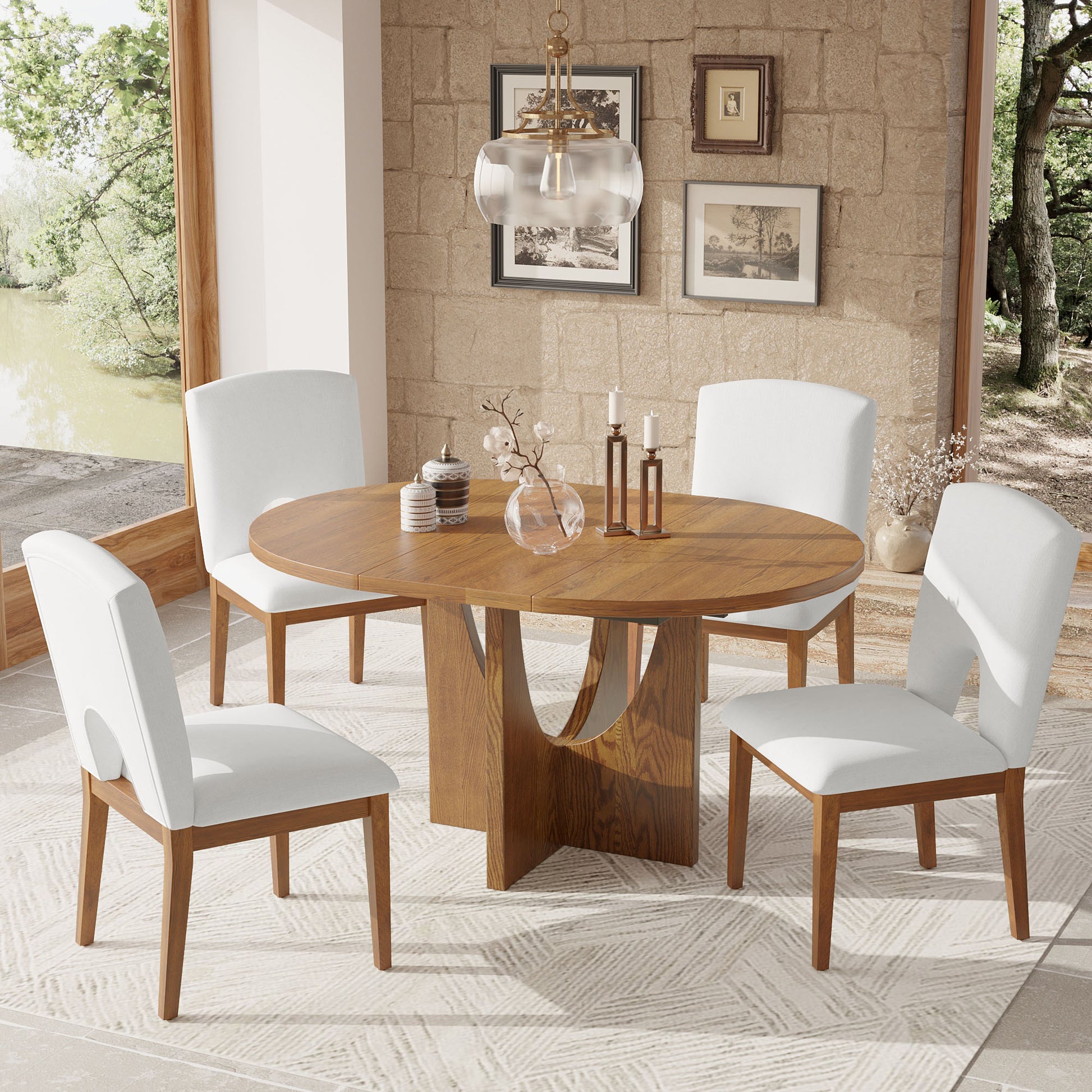 Modern 5 Piece Extendable Round Dining Table Set With 16.2Inch Removable Leaf For Small Places, Walnut Beige Wood Dining Room Solid Wood Rubberwood Round Dining Table With Chair Upholstered Chair Wood Walnut Seats 4 Removable Leaf Contemporary Round