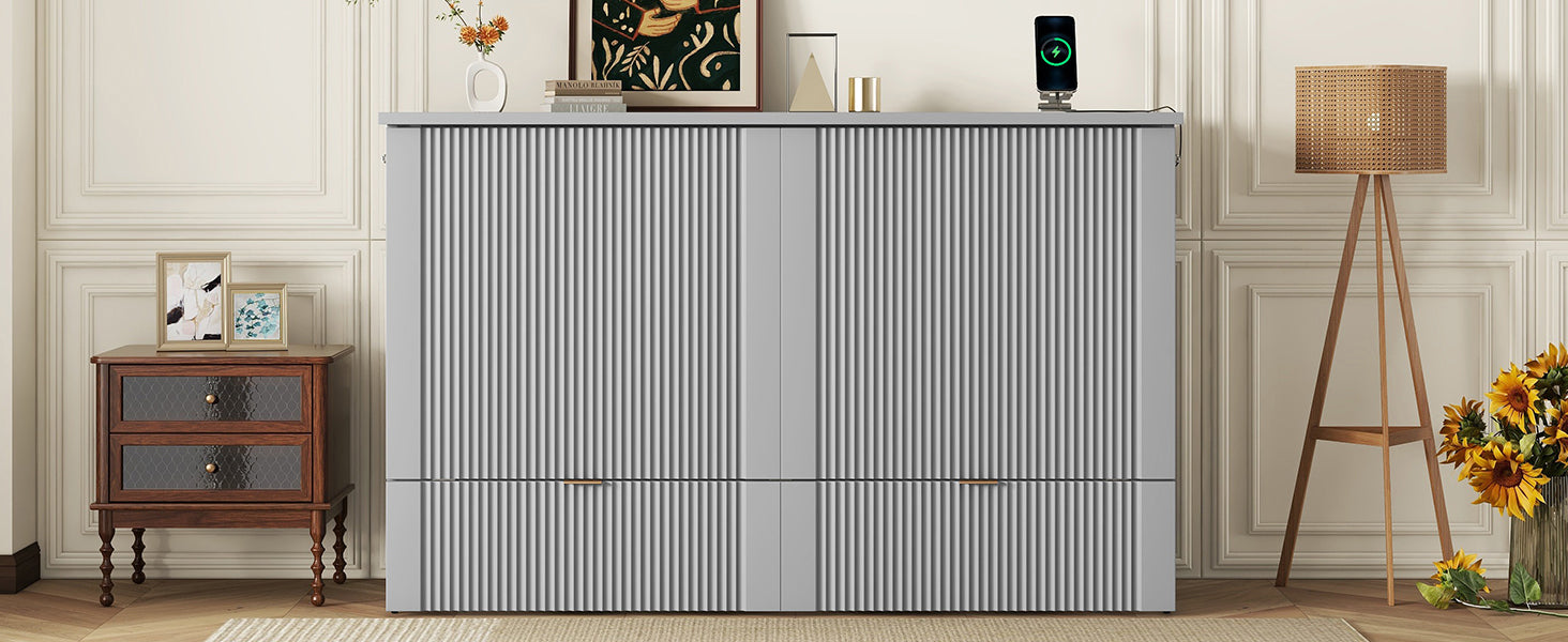 Queen Size Murphy Bed Wall Bed With Drawer And A Set Of Sockets & Usb Ports, Pulley Structure Design, Gray Queen Gray Plywood